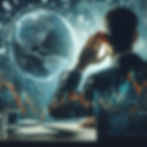 imagem de uma pessoa de perfil prestando atenção e com a mão sobre o ouvido tendo simbolos do mercado financeiro ao fundo