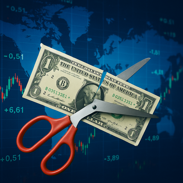mapa-mundi no fundo, sobreada com simbolos do mercado financeiro, imagem de uma nota de dólar sendo cortada por uma tesoura em primeiro plano