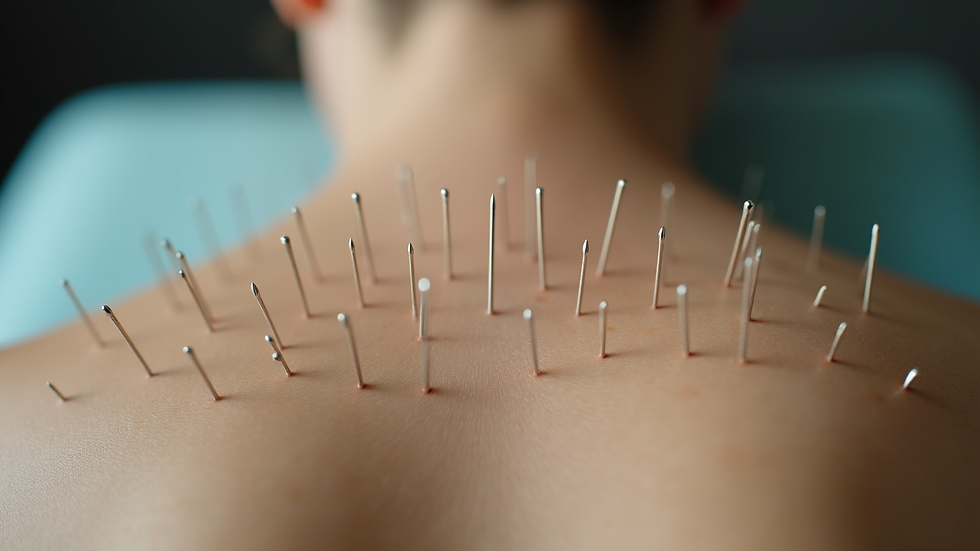 Eye-level view of acupuncture needles placed on a patient's back