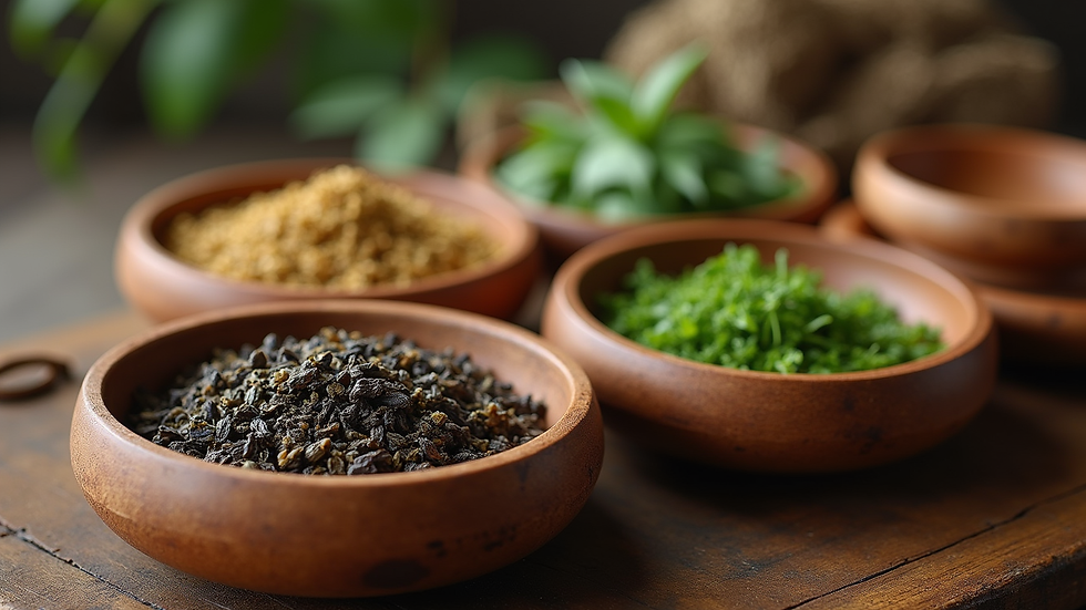Close-up view of traditional Chinese herbs in wooden bowls
