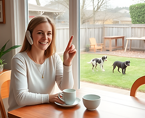 happy woman at window