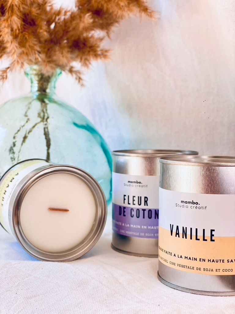 Miniature : Bougie parfumée Vanille – Cire végétale, mèche bois, 250g
