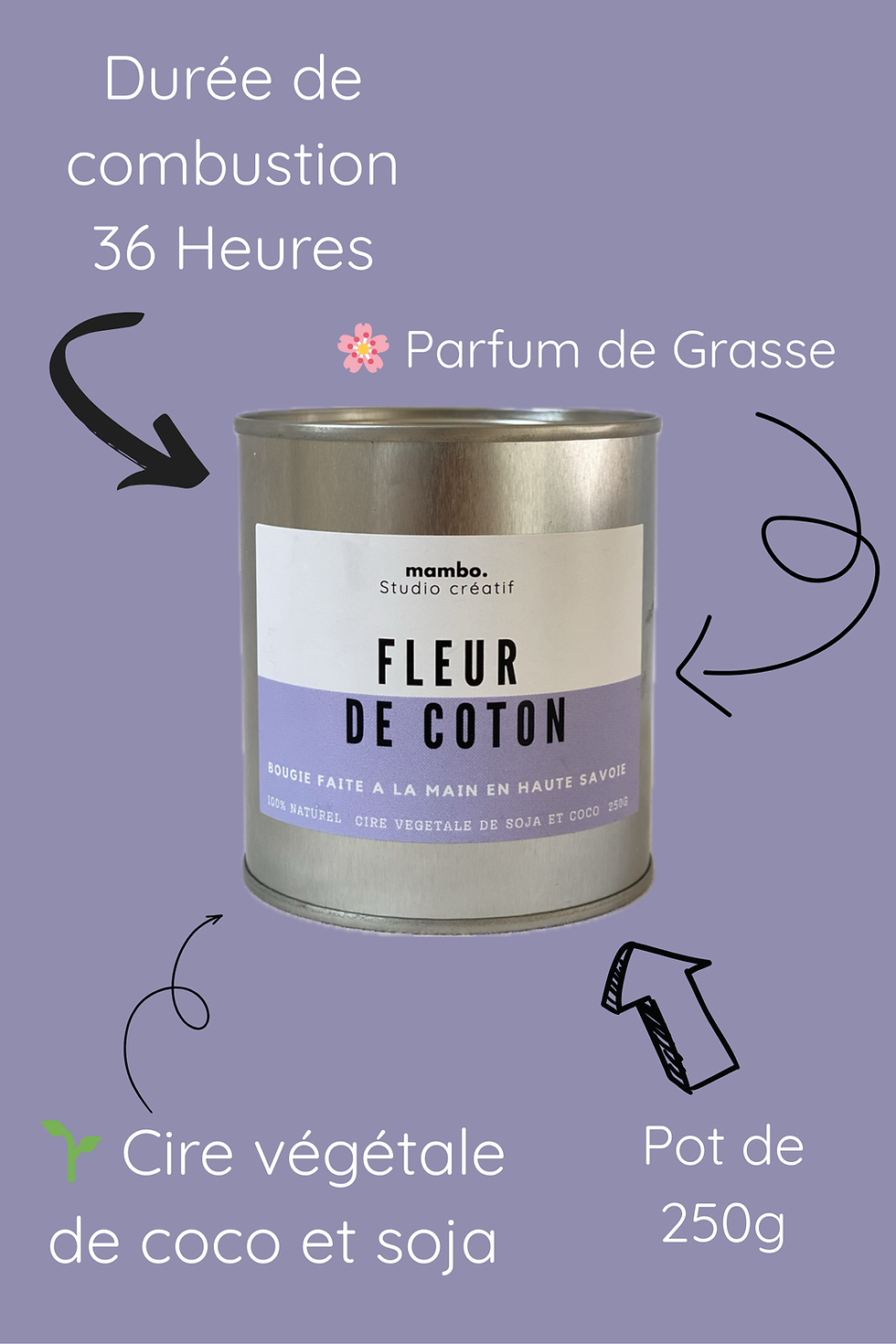 Miniature : Bougie Fleur de Coton – Cire végétale, mèche bois, 250g