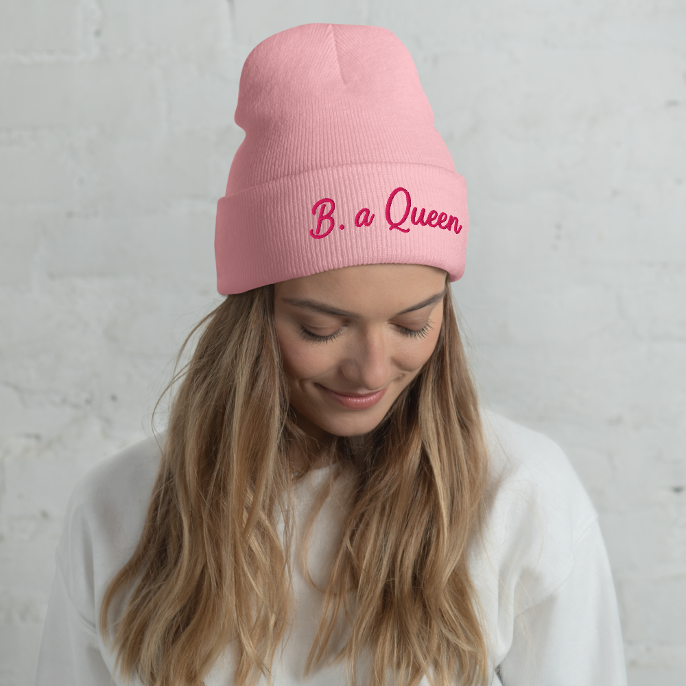 Be a Queen Cuffed Beanie – Black/Pink & Pink - Embroidered Winter Hat, Women