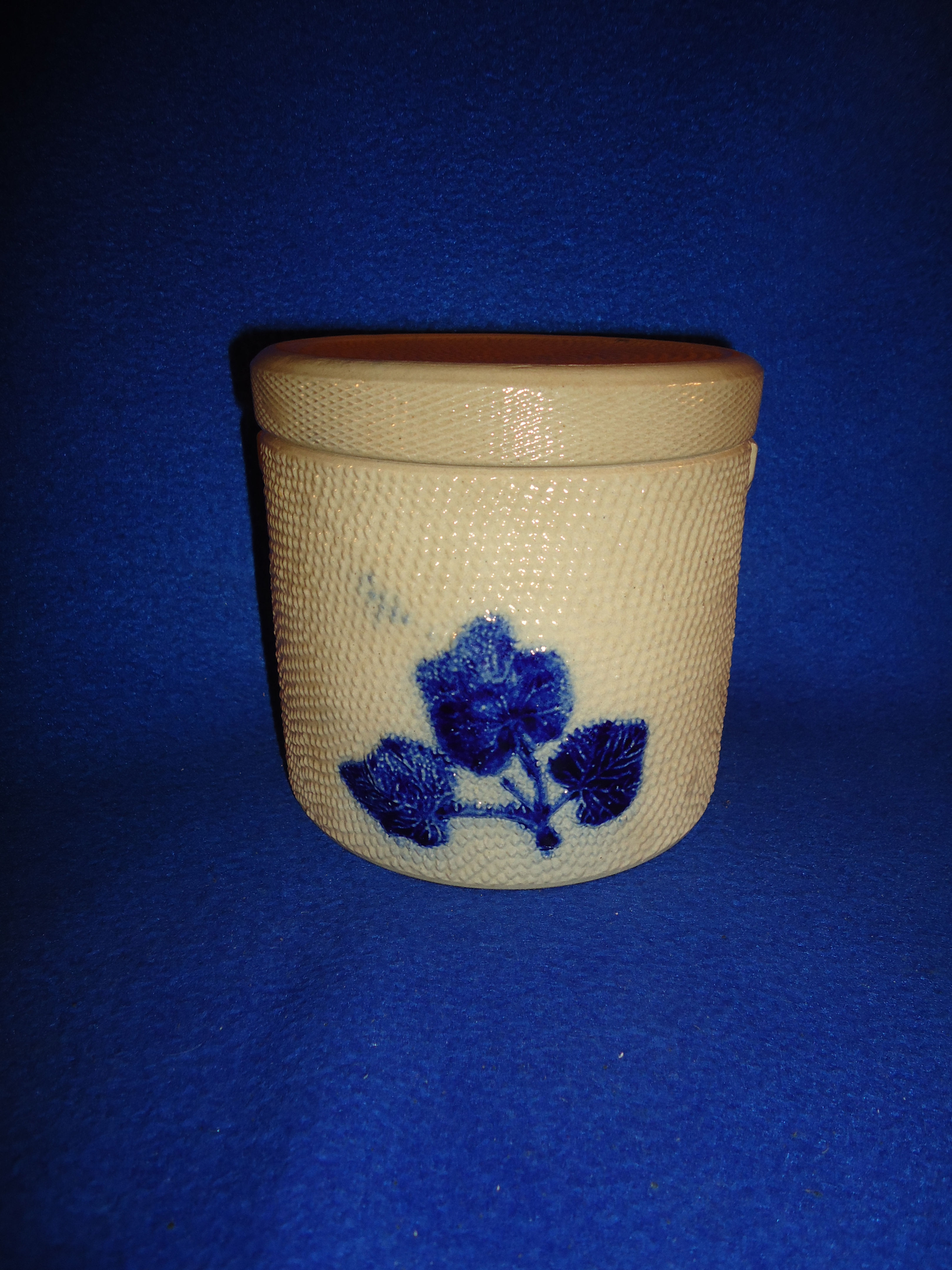 Whites Pottery, Utica, NY Stoneware Lidded Canister with Embossed Leaves  #1181