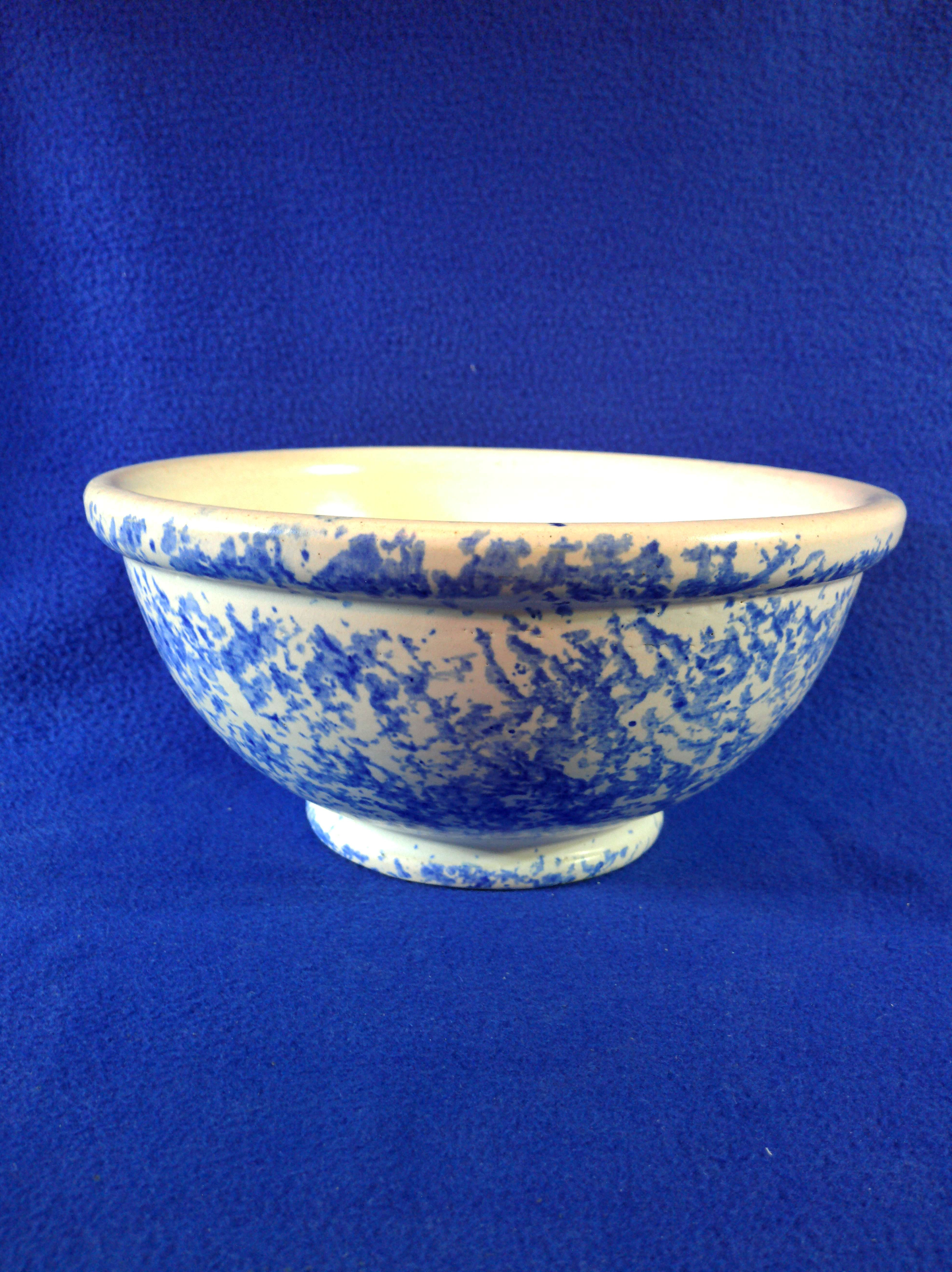 Circa 1900 Blue and White Spongeware Stoneware 10" Bowl #12569