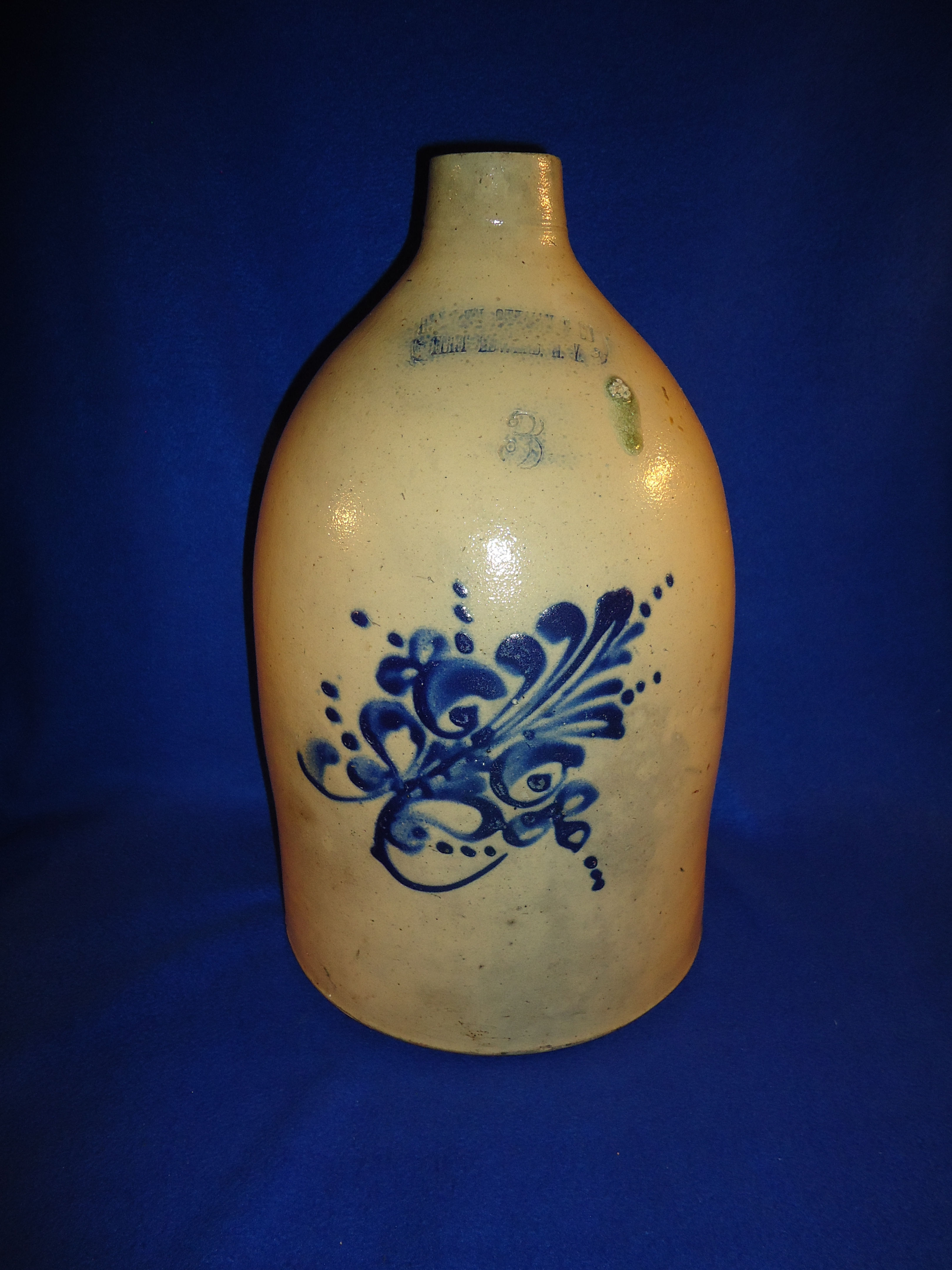Haxstun, Ottman, Fort Edward, N.Y. Stoneware 3 Gallon Jug with Floral #8724