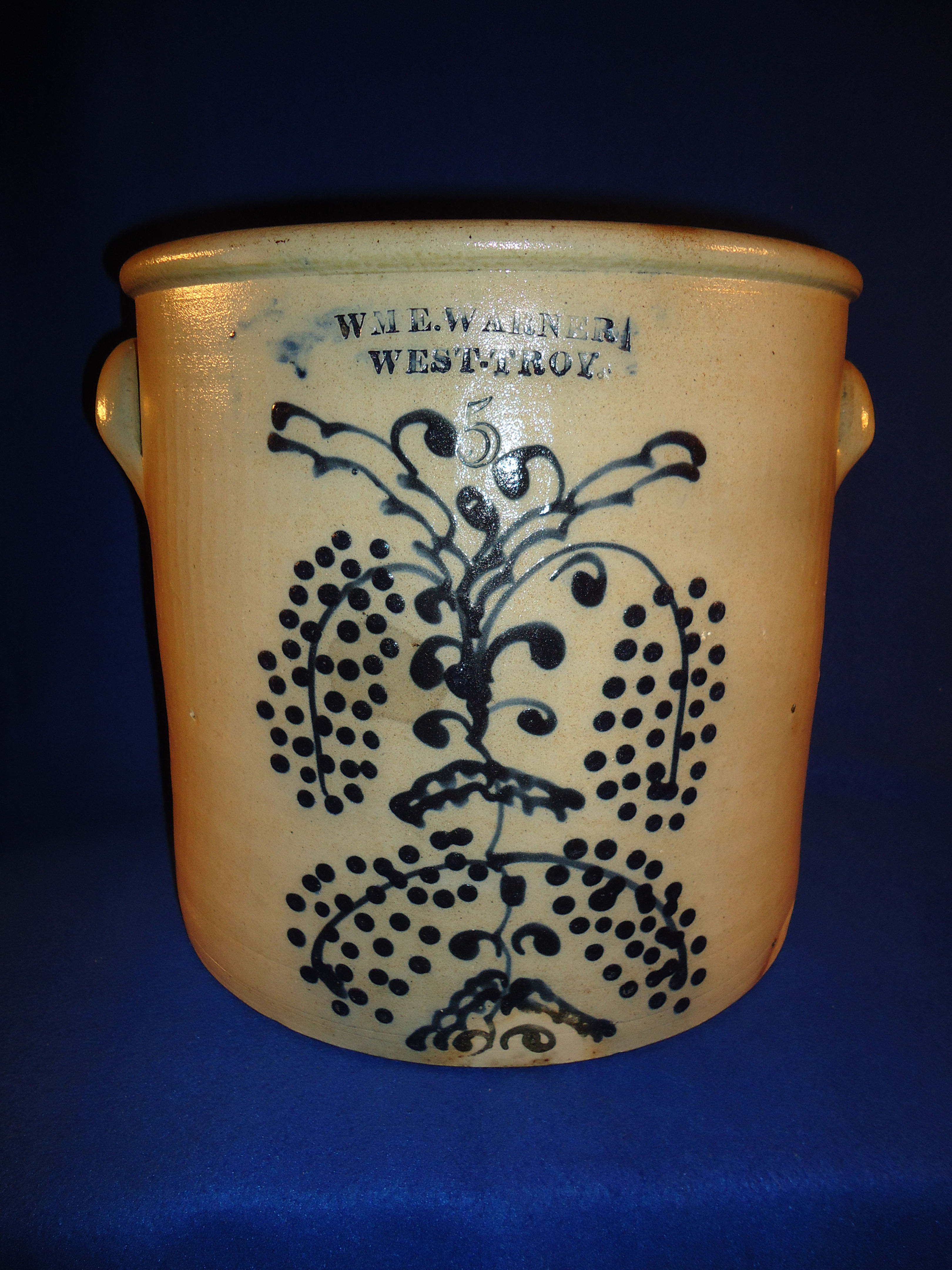 Wm. Warner, West Troy, New York Stoneware Crock with Elderberries #11834