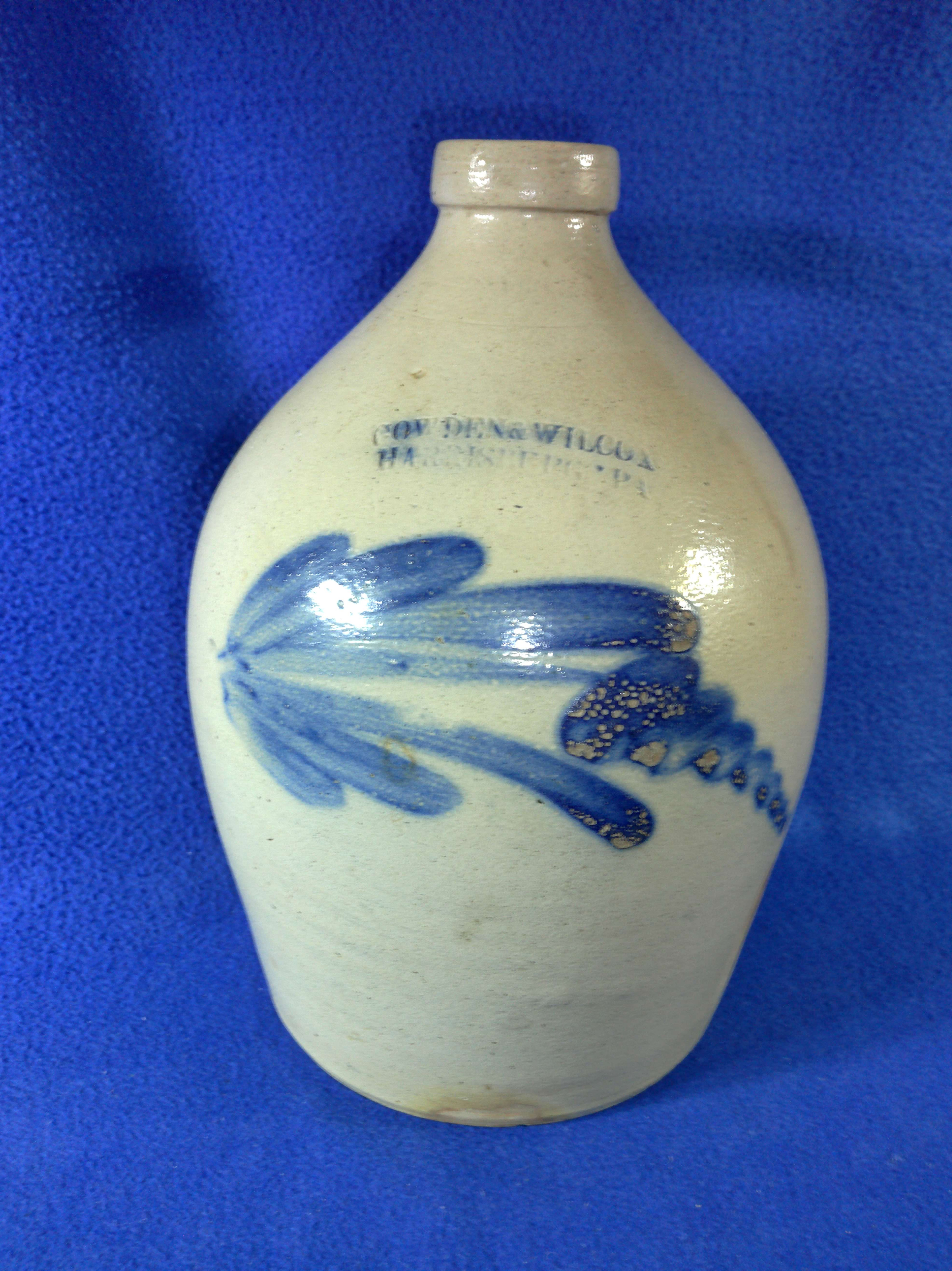 Cowden and Wilcox, Harrisburg, PA Stoneware 1g Jug with Steeple Flower #13084