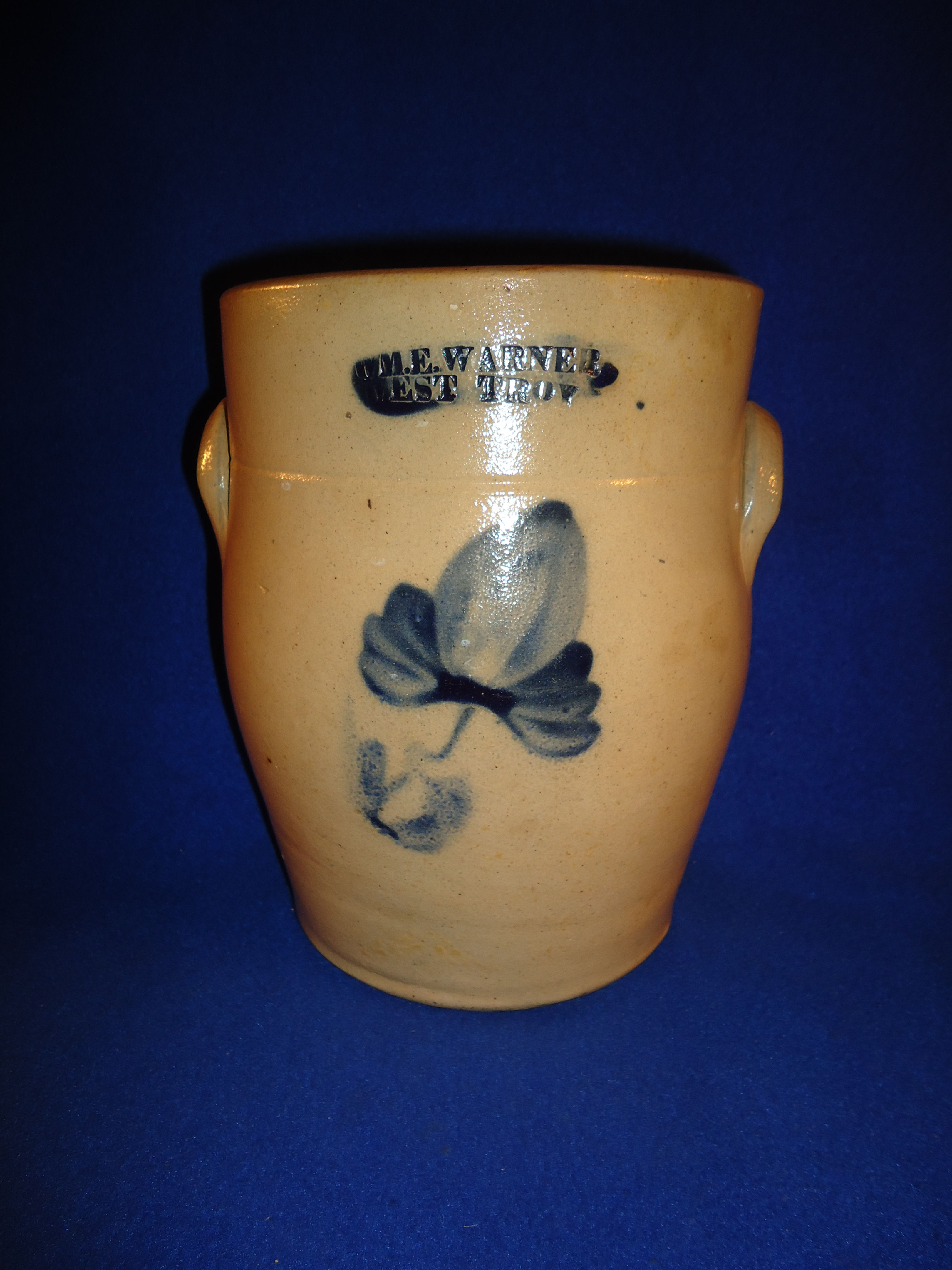 William Warner, West Troy, New York Stoneware 1g Ovoid Jar w/ Tulip #11577