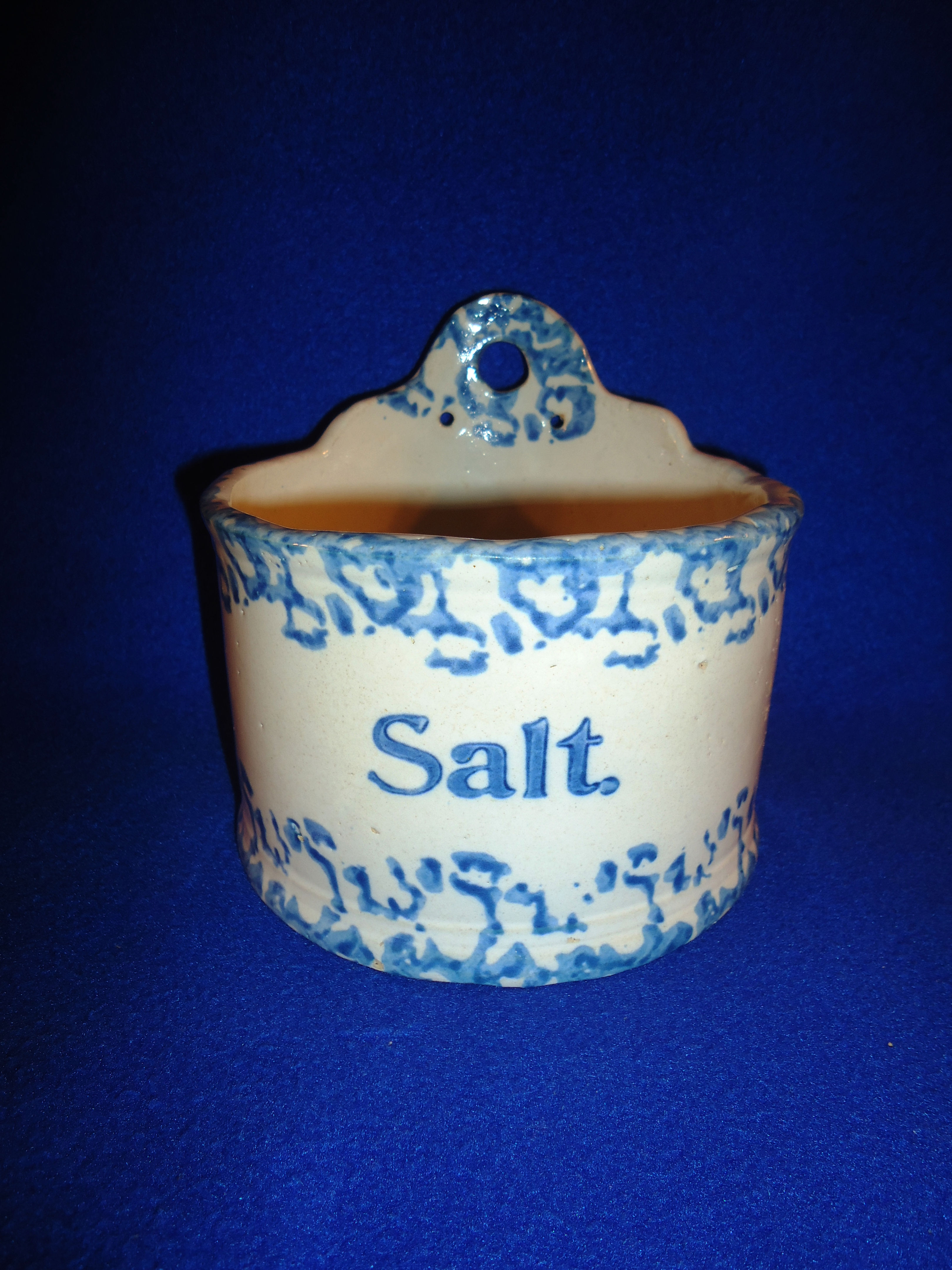 Blue and White Spongeware Stoneware Salt Crock #6419
