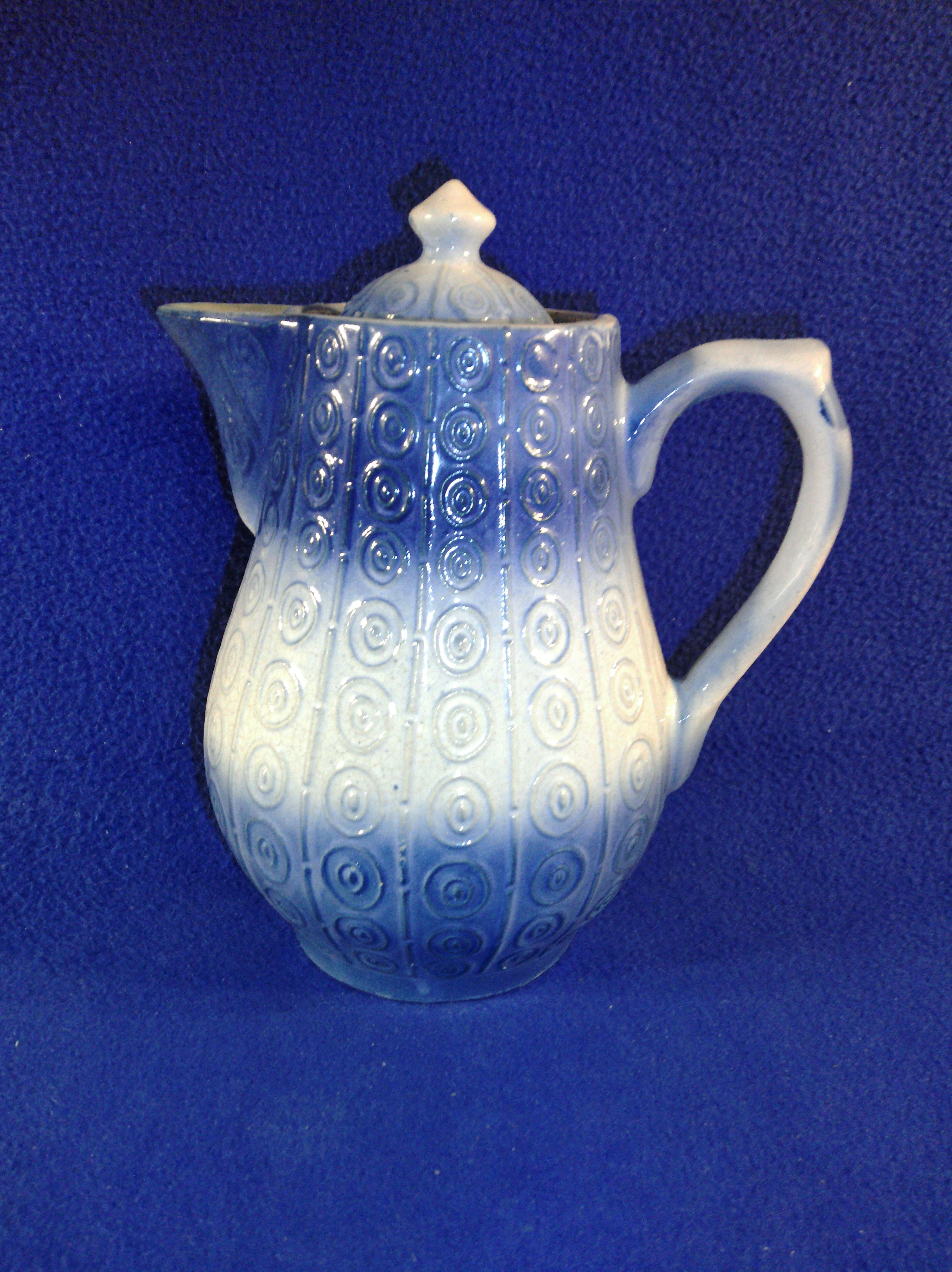 Rare Blue and White Stoneware Bullseye Coffee Pot #12132