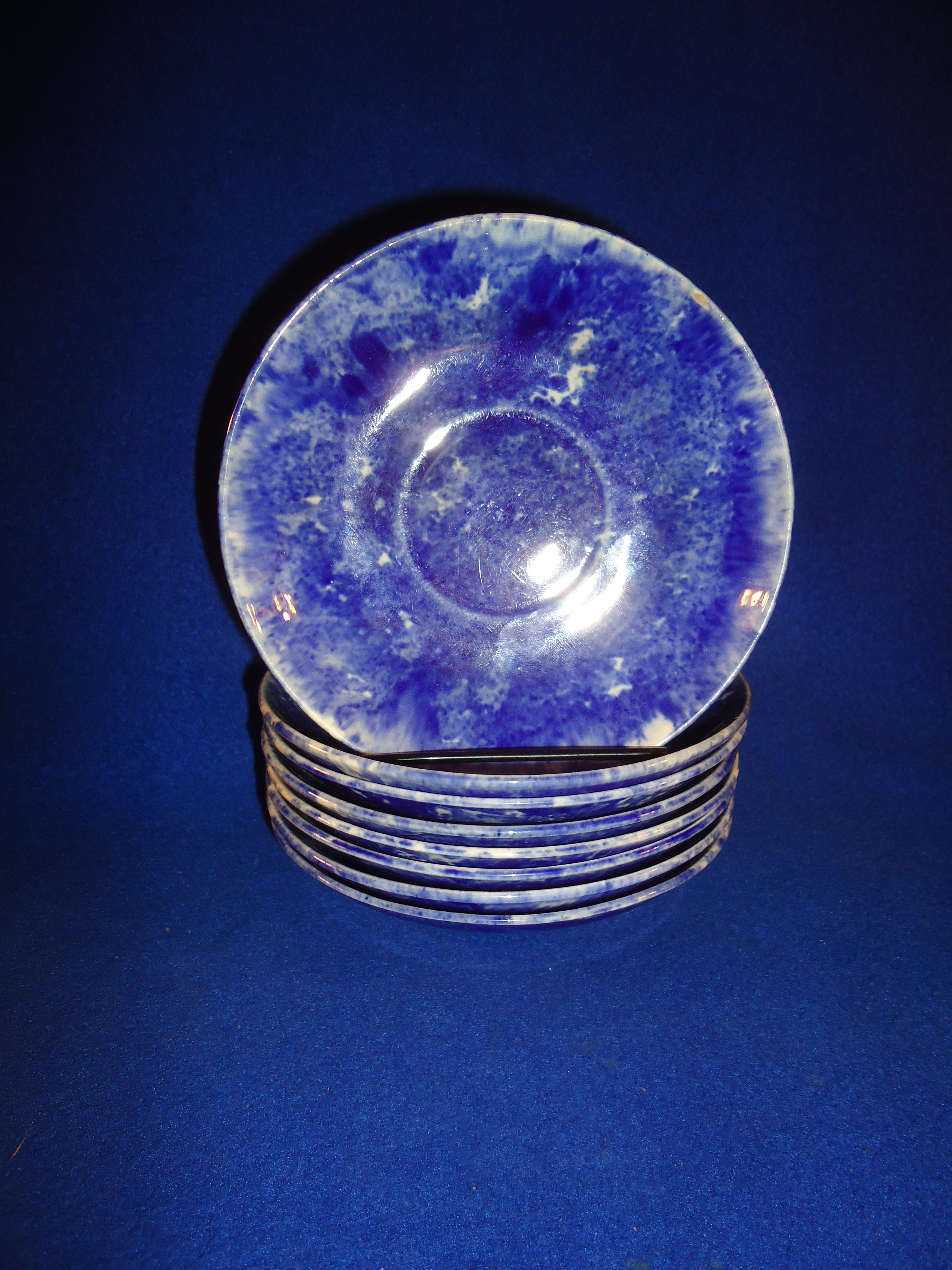 8 Matching Blue and White Spongeware Stoneware Saucers #11737
