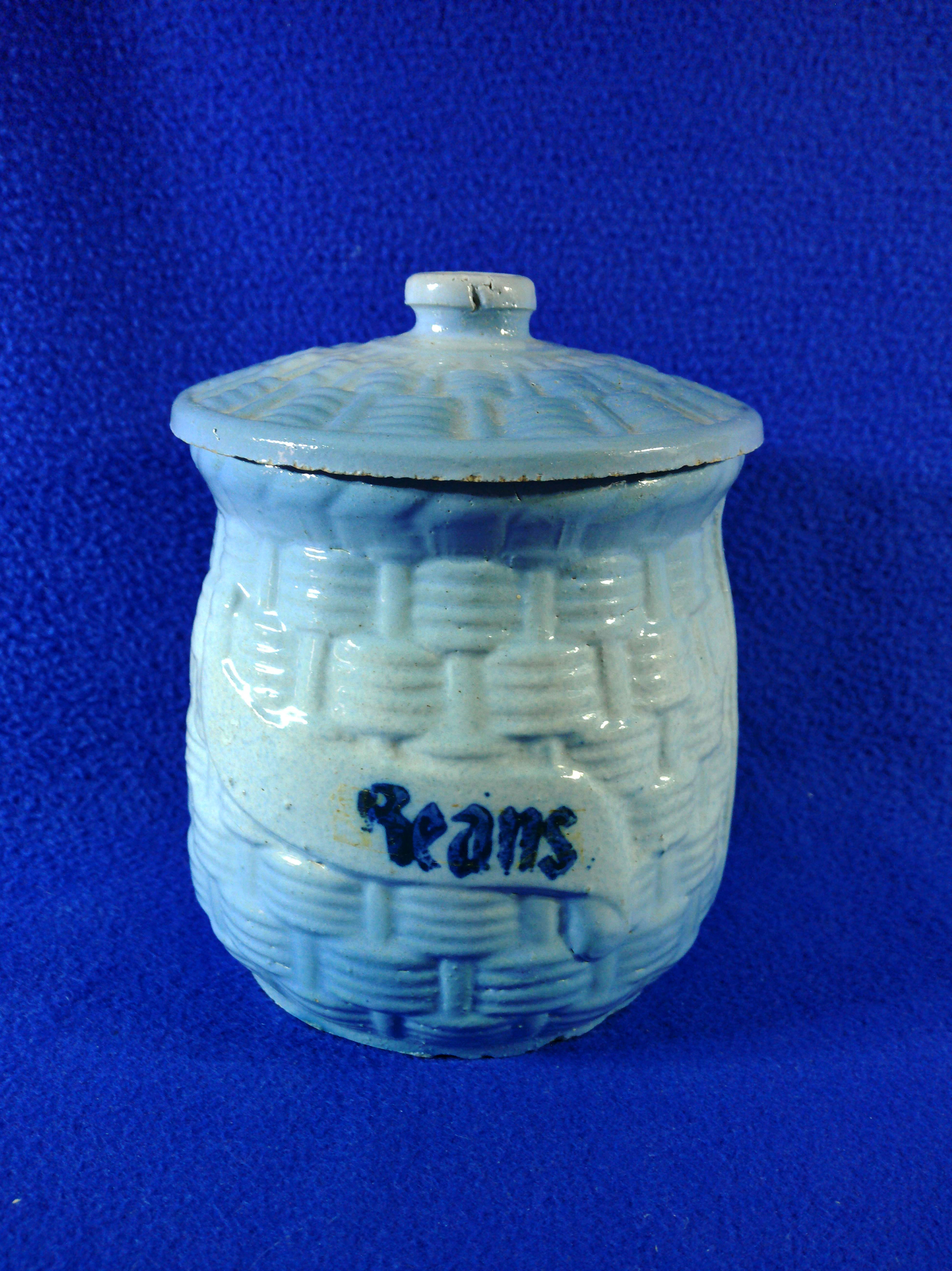 Blue and White Stoneware Basketweave & Morning Glory Beans Canister, #12654