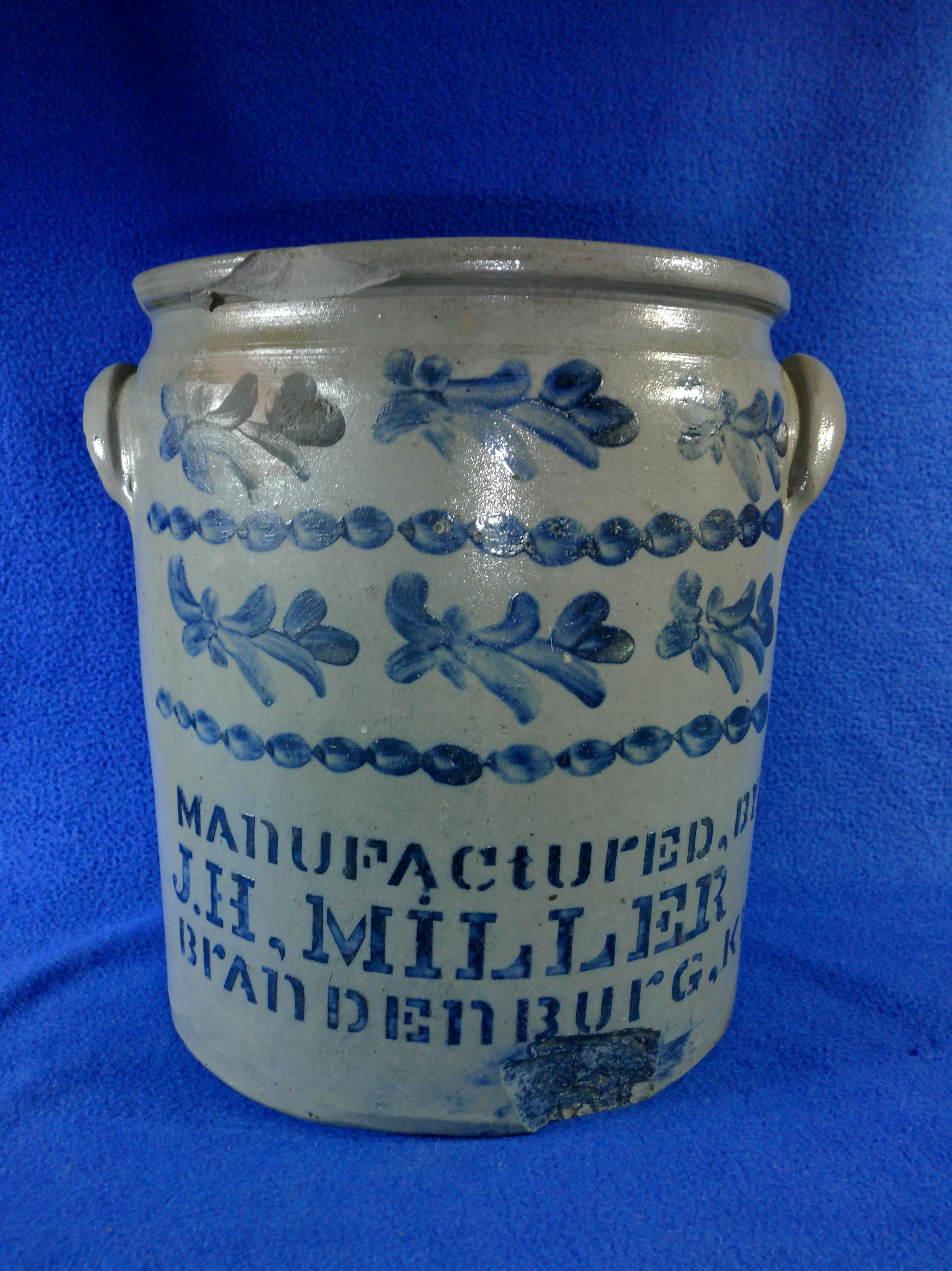 J. H. Miller, Brandenburg, Kentucky Stoneware 3 Gallon Crock #12979