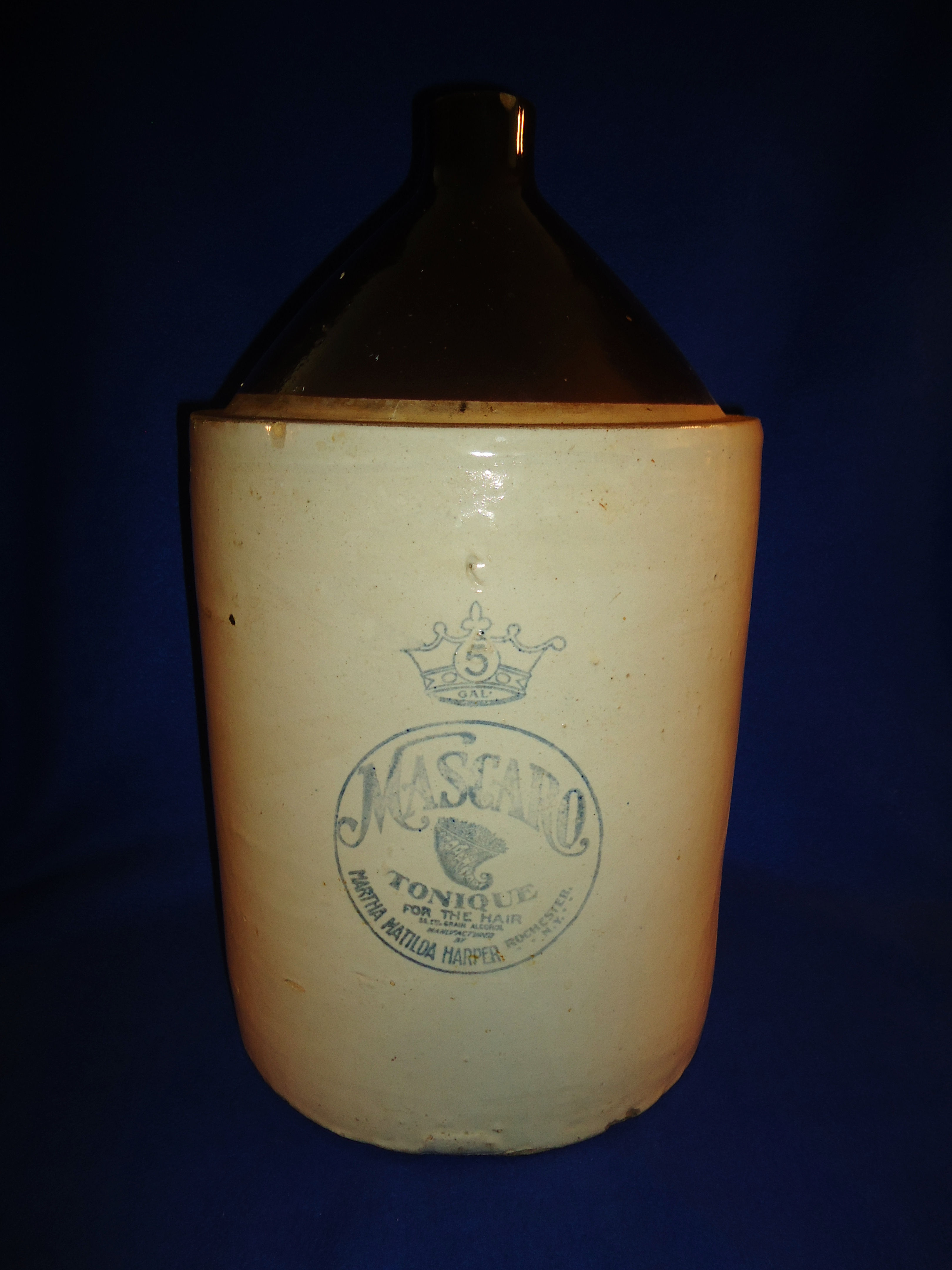 Mascaro Tonique for the Hair, Rochester, New York 5 Gallon Stoneware Jug #3350
