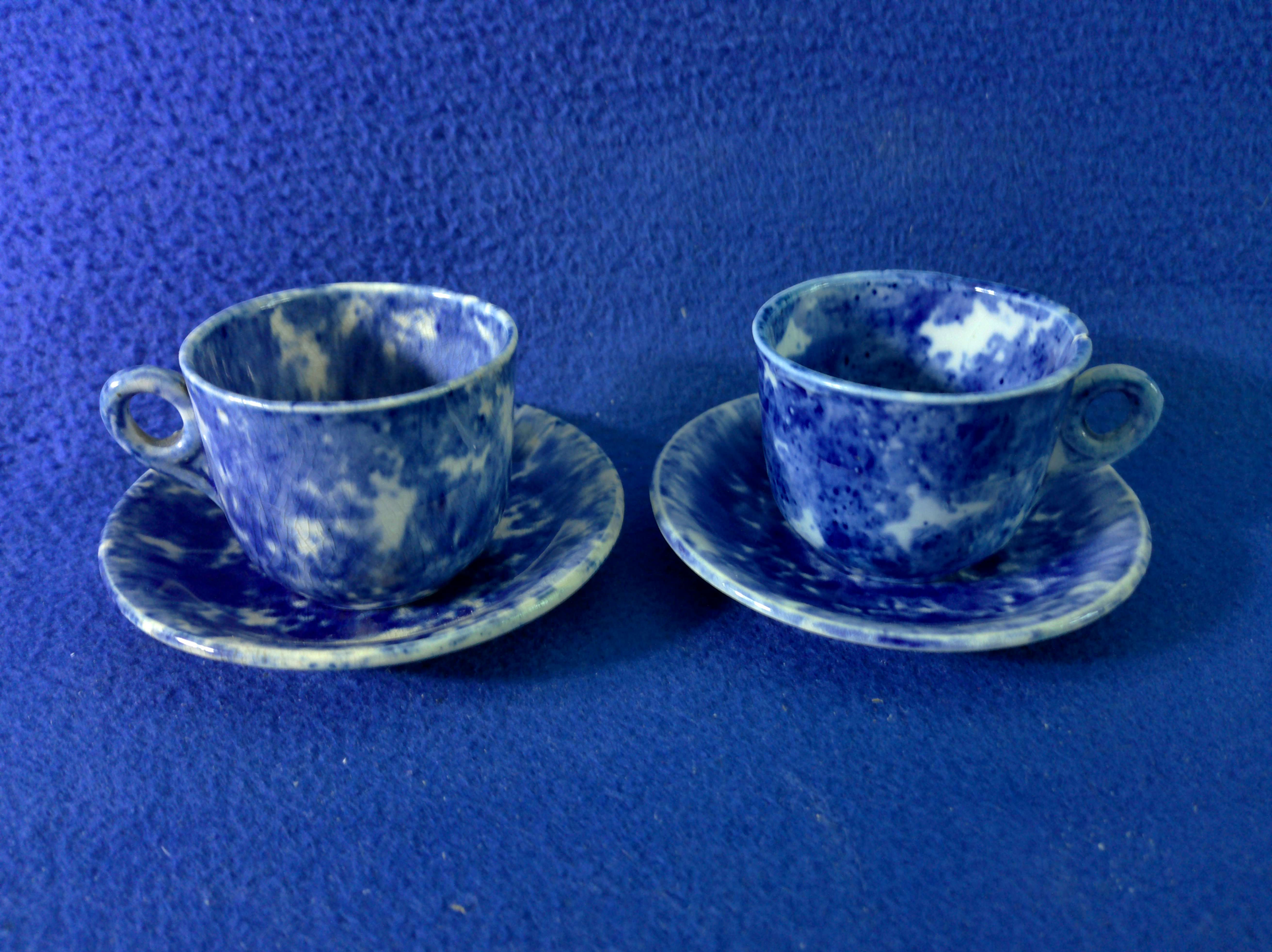 Pair of Blue and White Stoneware Spongeware Child's Cups and Saucers #12969