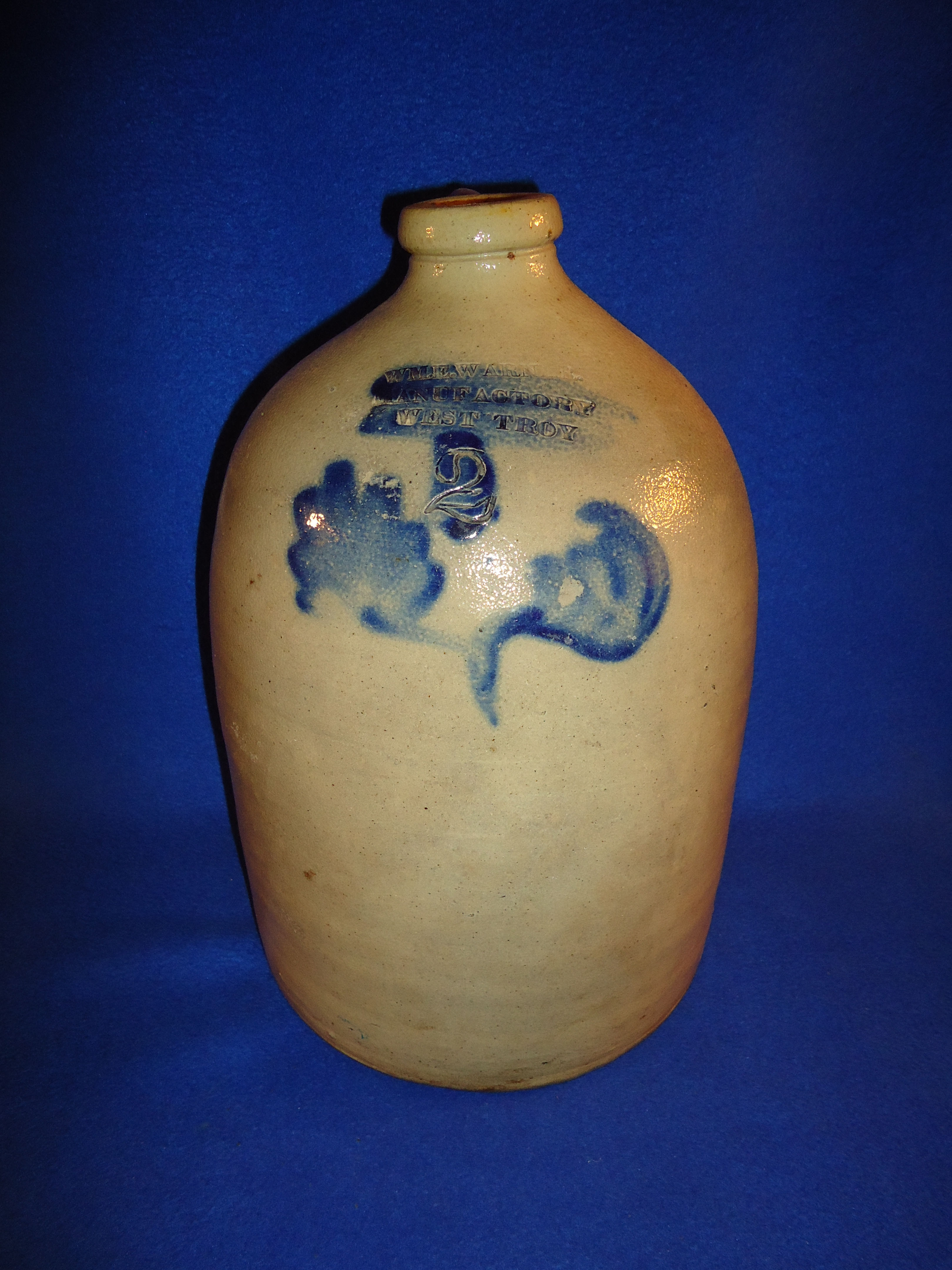 Wm. Warner, West Troy, New York Stoneware 2 Gallon Jug with Leaves #1122