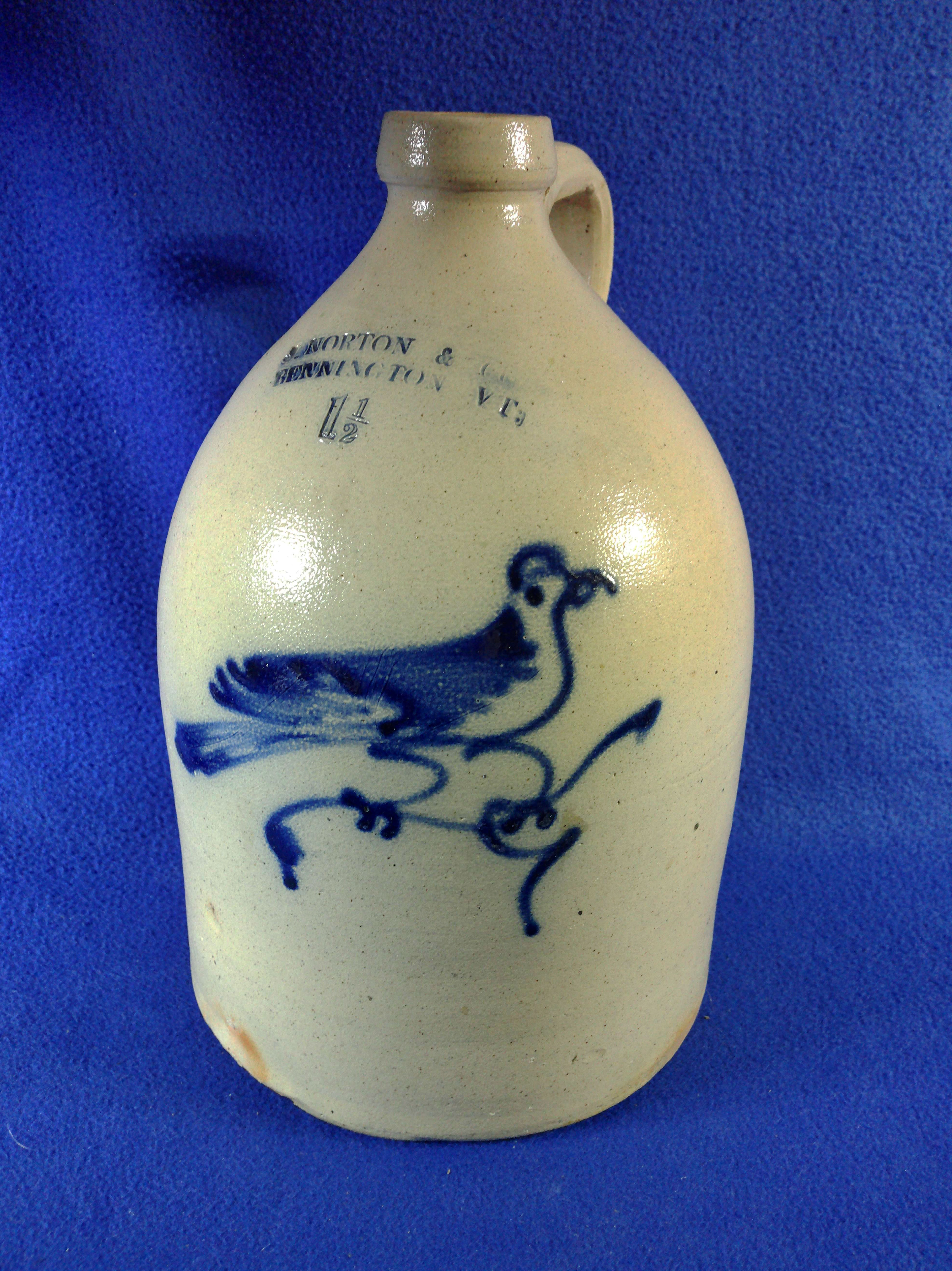 J. Norton, Bennington, Vermont Gallon Stoneware Jug with Bird #12551