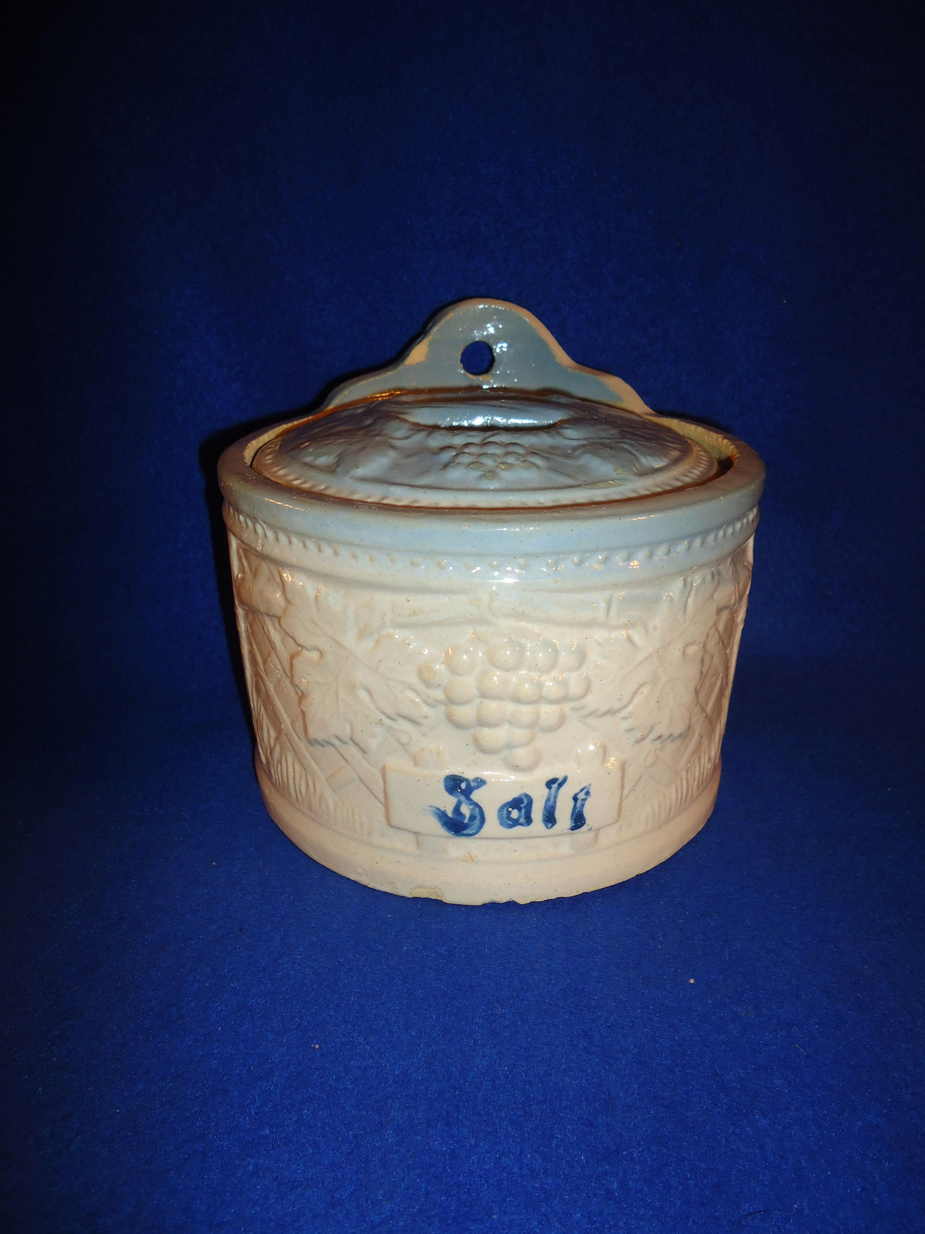 Blue and White Grapevine on Fence Stoneware Salt Crock #12016