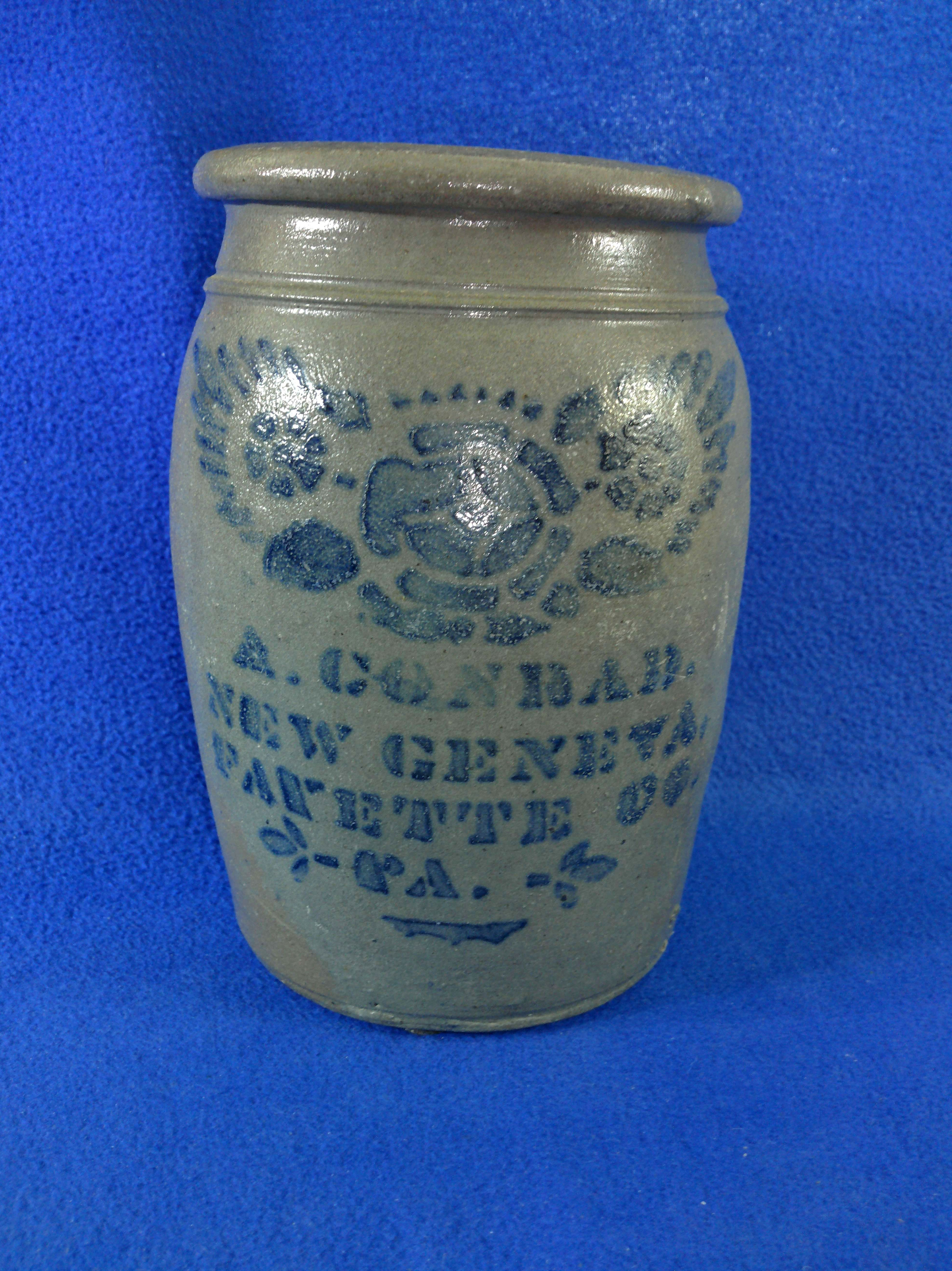 A. Conrad, New Geneva, Pennsylvania Fancy Stoneware 1 Gallon Jar #13072