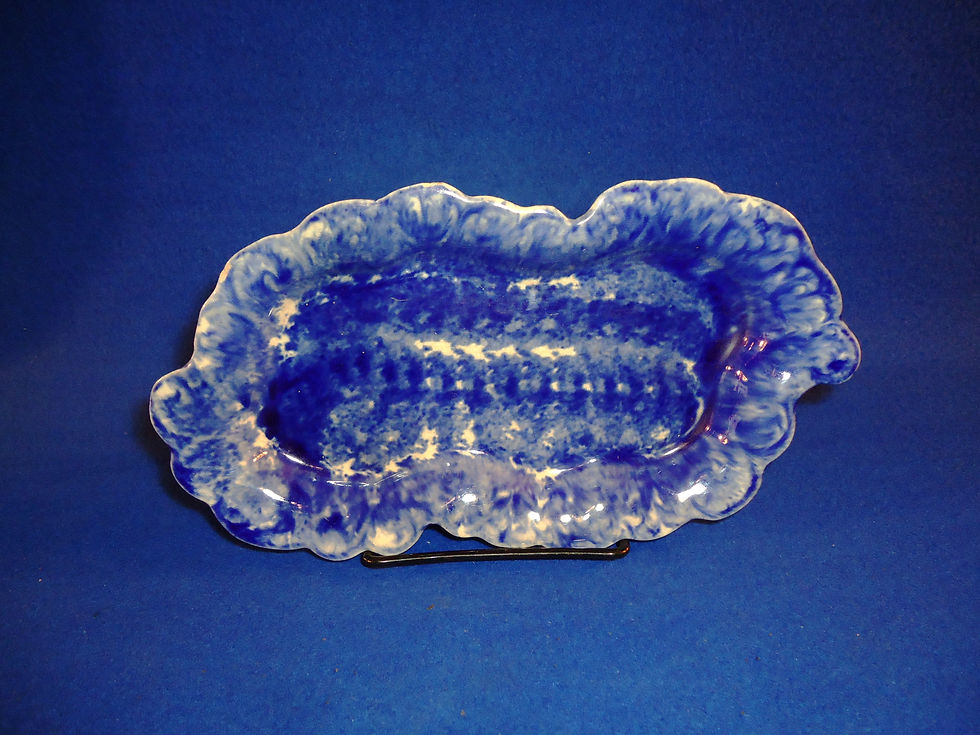 Fancy Blue and White Spongeware Stoneware Relish Dish #5940