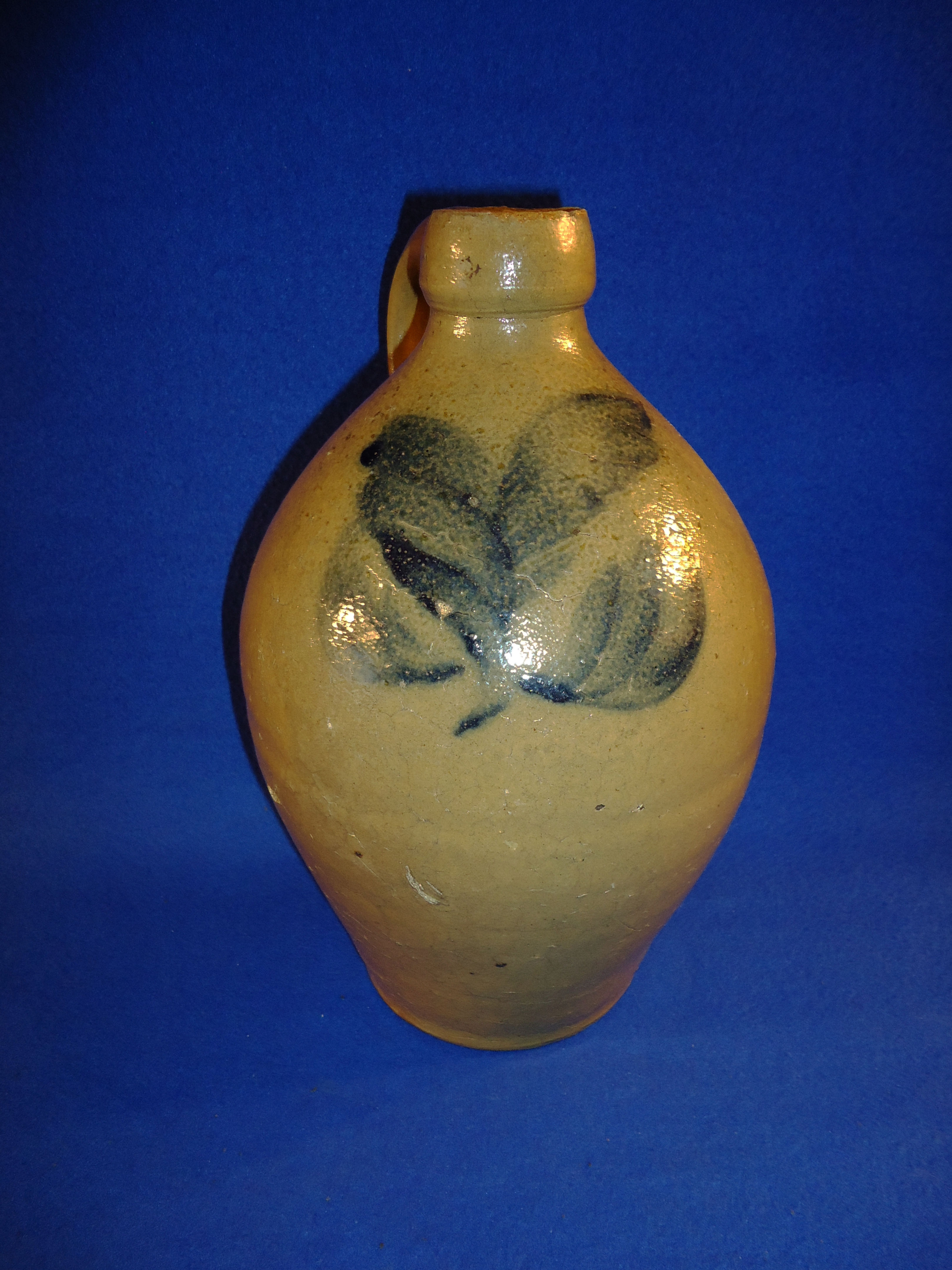 Circa 1850 Semi-Ovoid Stoneware Jug with Brushed Cobalt Plant #5987