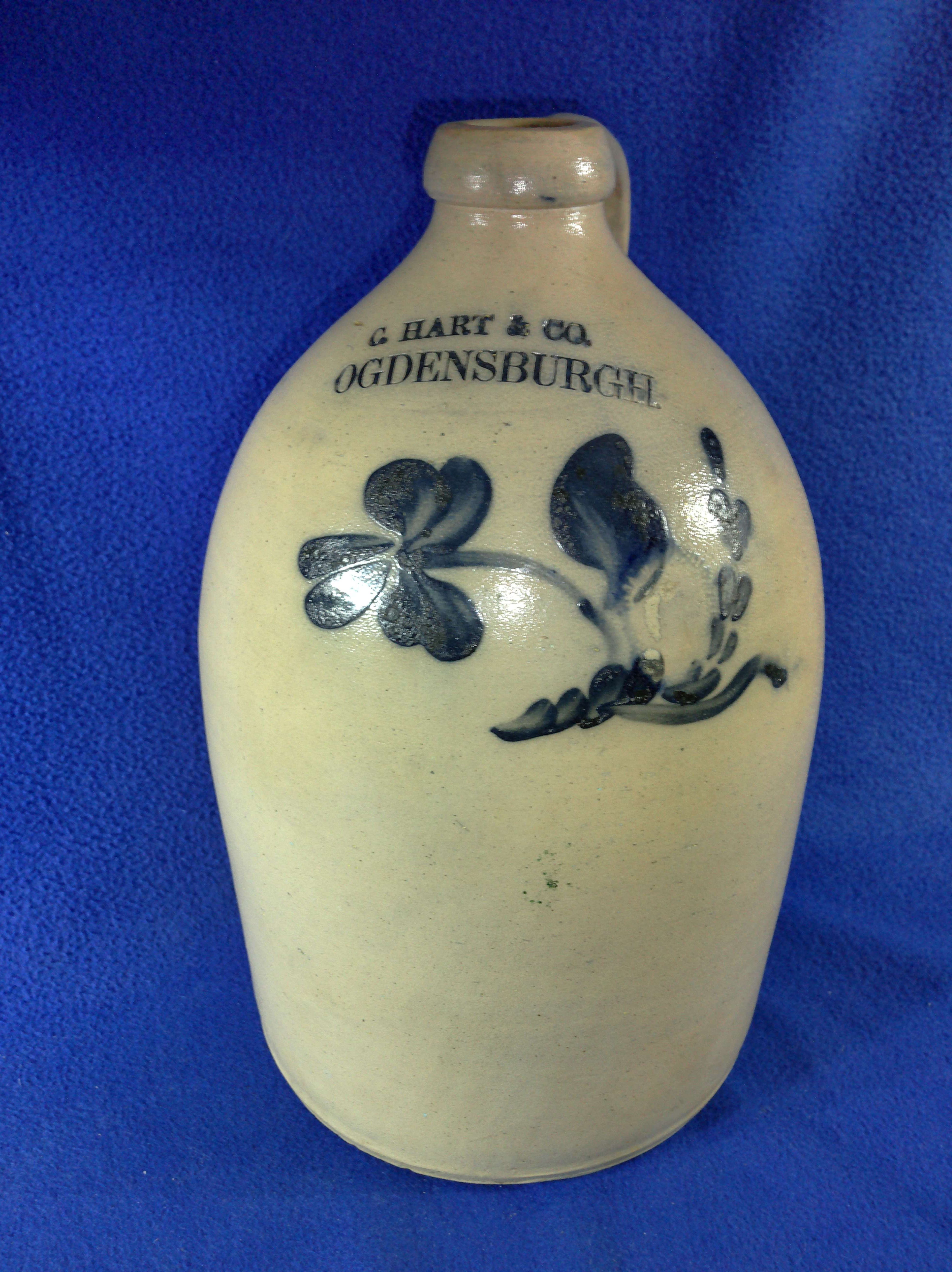 C. Hart, Ogdensburgh, N.Y. Stoneware 2g Jug with Plow Flower #13186