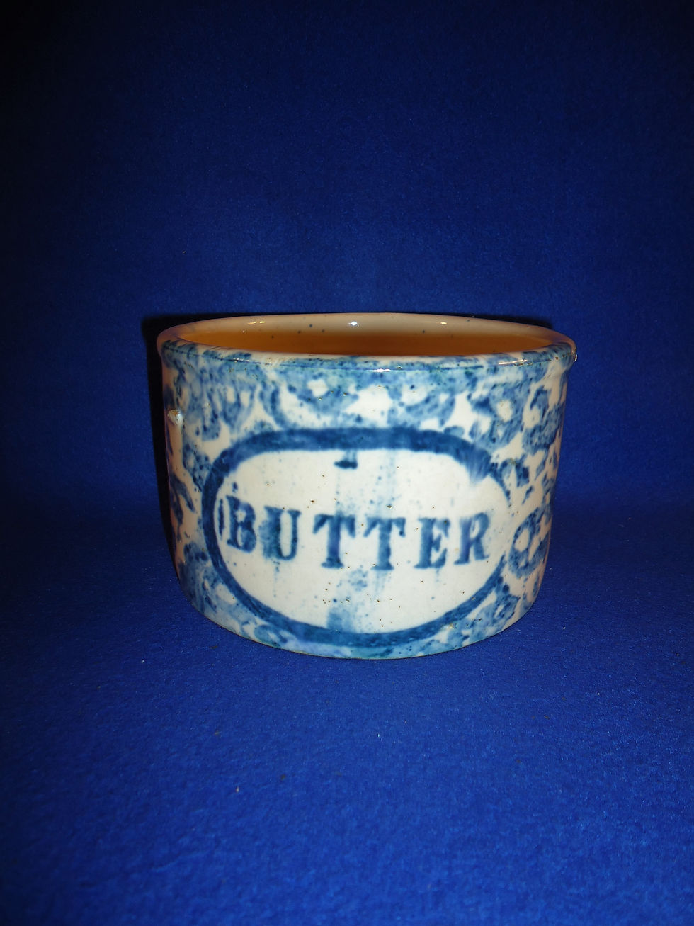 Circa 1900 Blue and White Spongeware Stoneware Butter Crock #5435