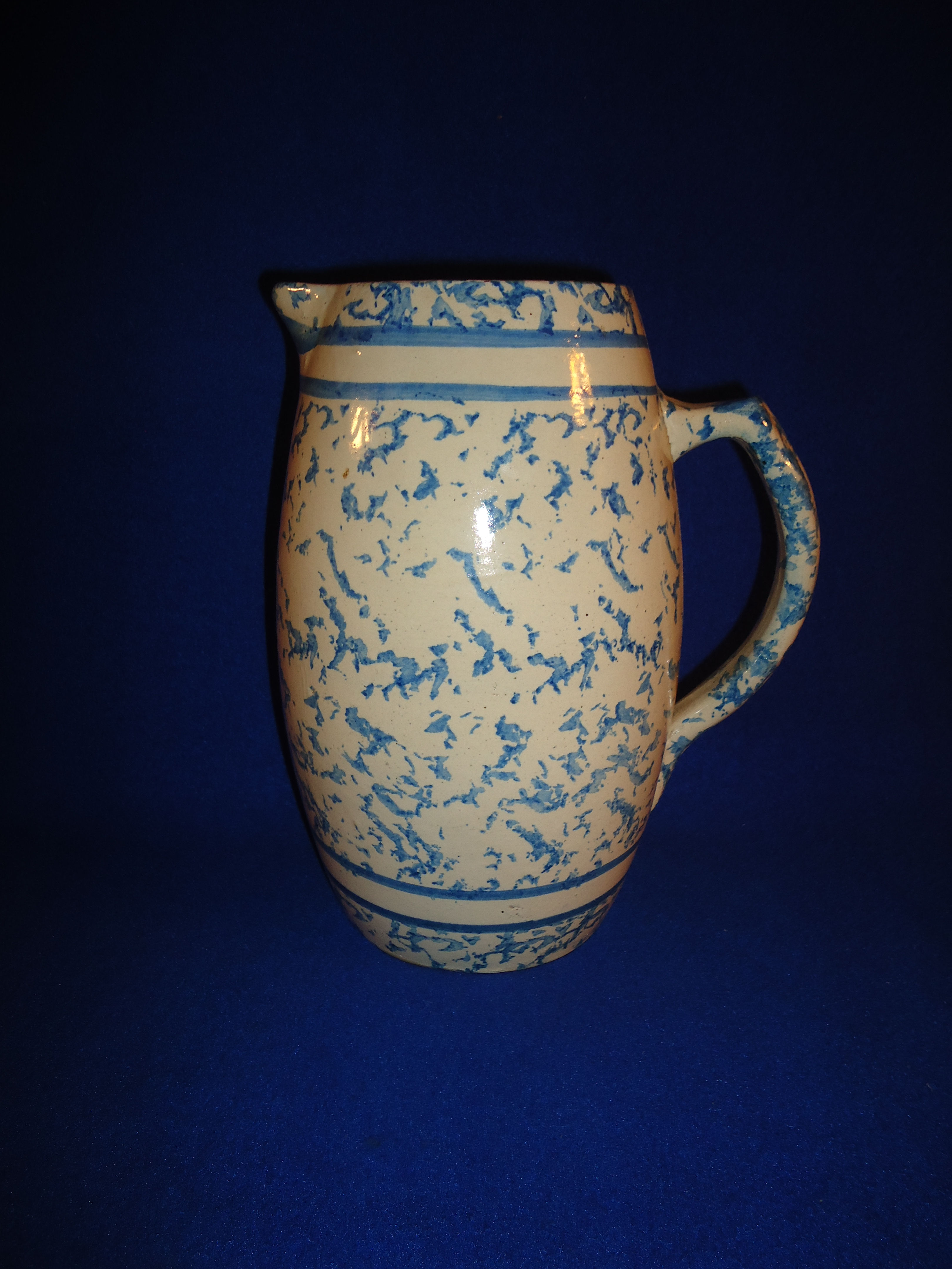 Blue and White Spongeware Stoneware Pitcher with Cobalt Bands #2552