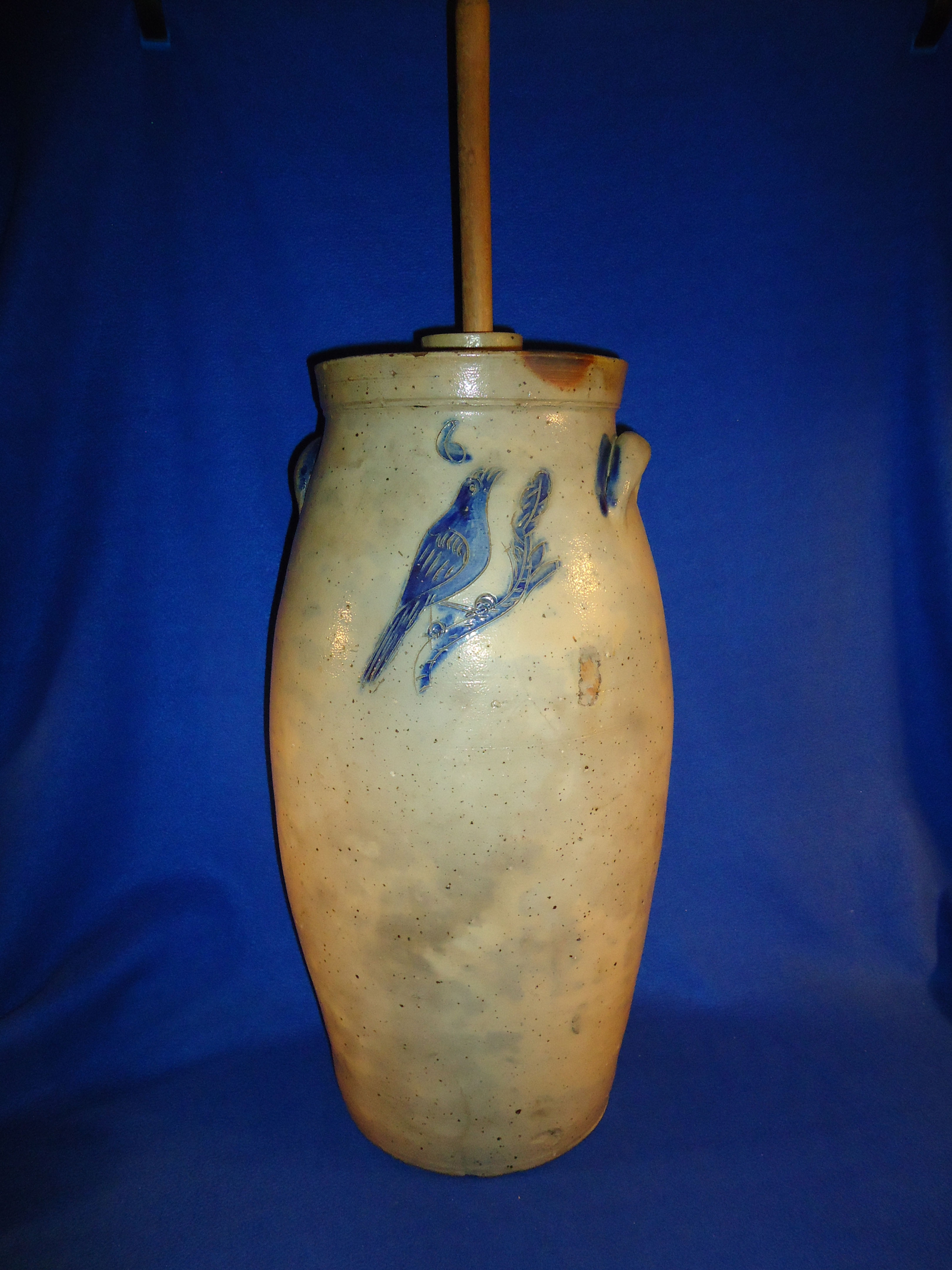Early 19th Century 6 Gallon Stoneware Churn with Incised Bird #10291