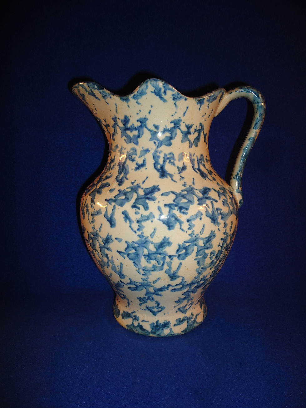 Blue and White Stoneware Spongeware Pitcher with Fluted Rim #2261