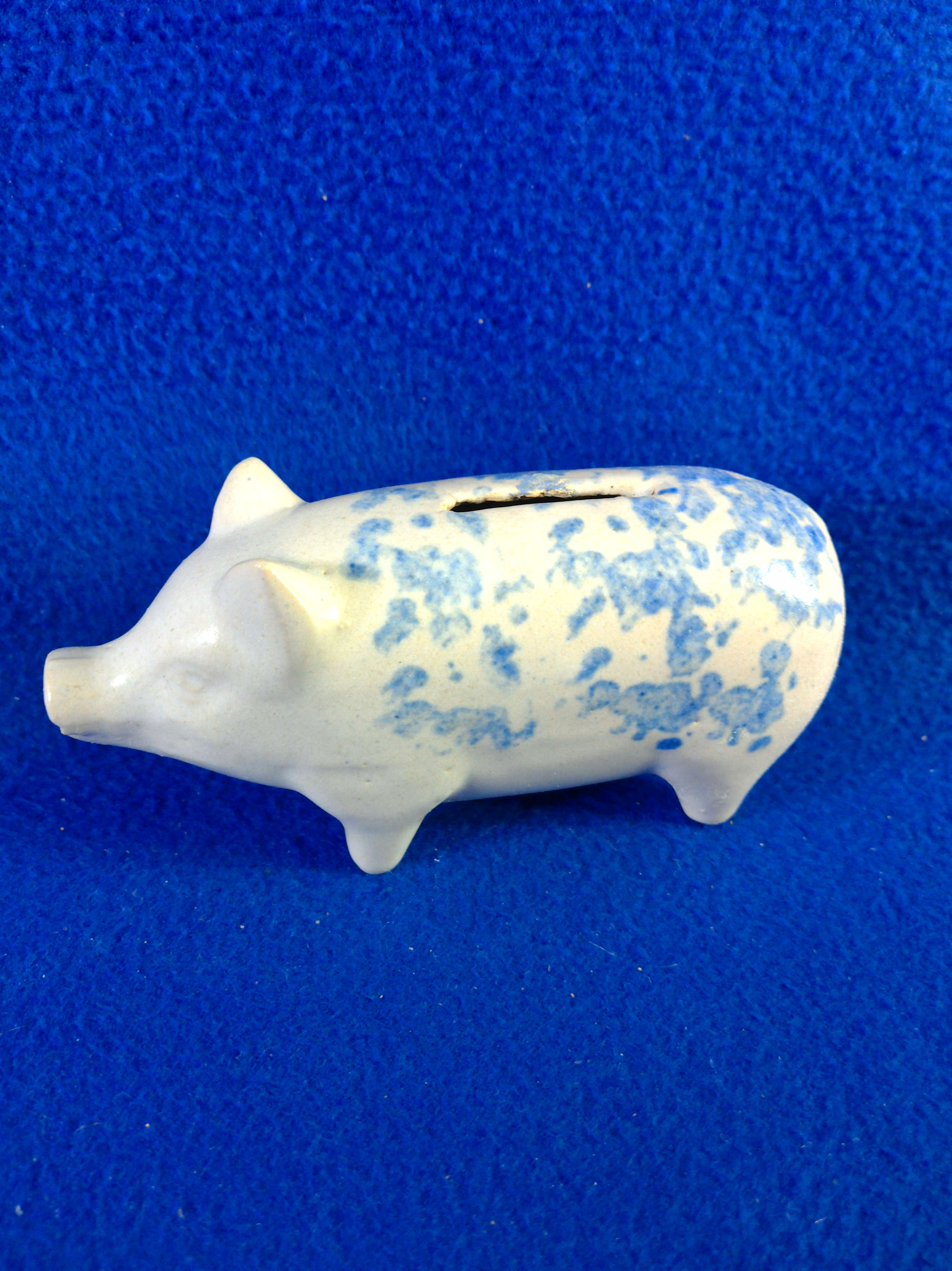 Blue and White Spongeware Stoneware Pig Bank #12764