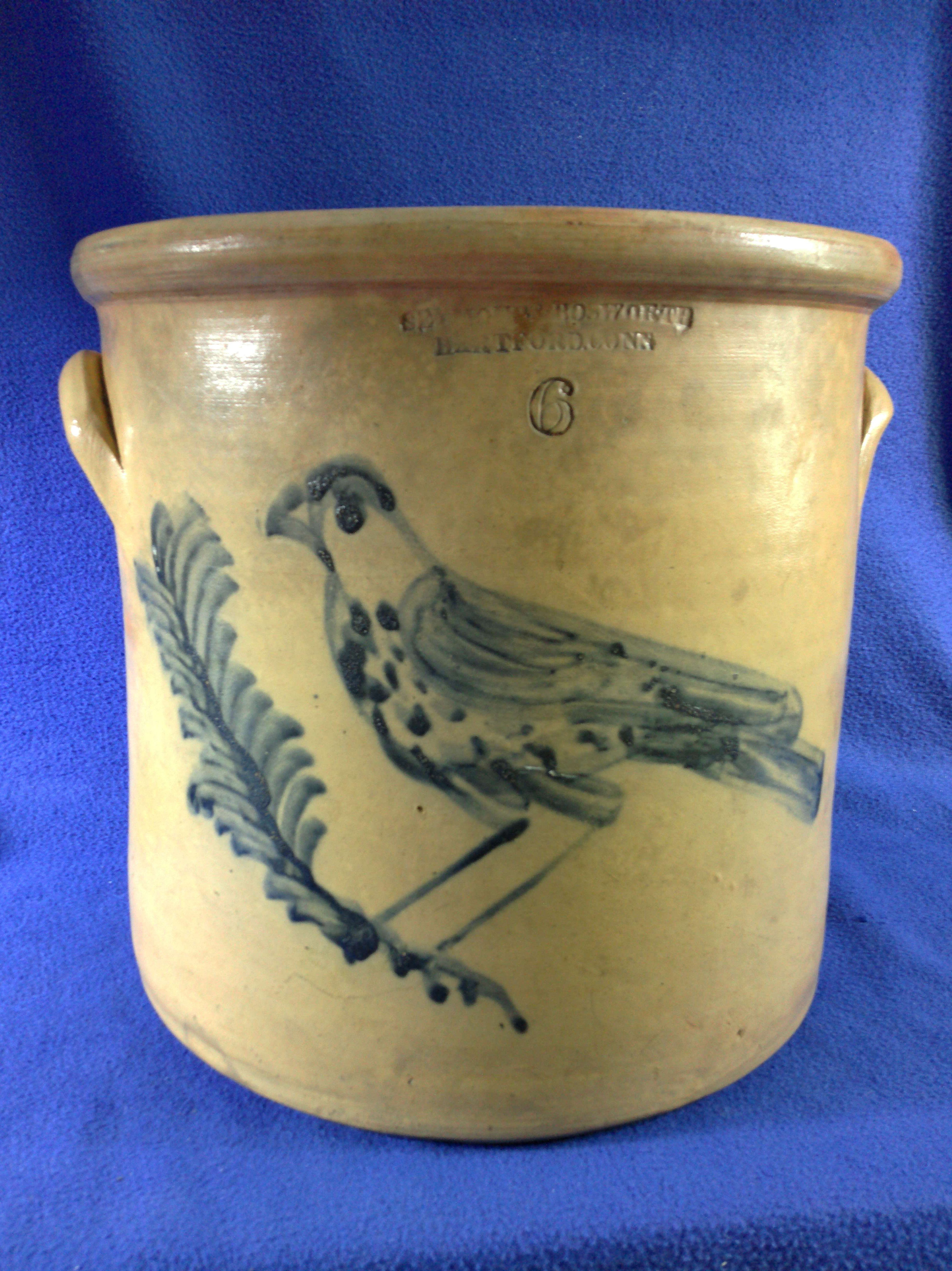 Seymour & Bosworth, Hartford, Connecticut Stoneware 6g Crock, Huge Bird 12507