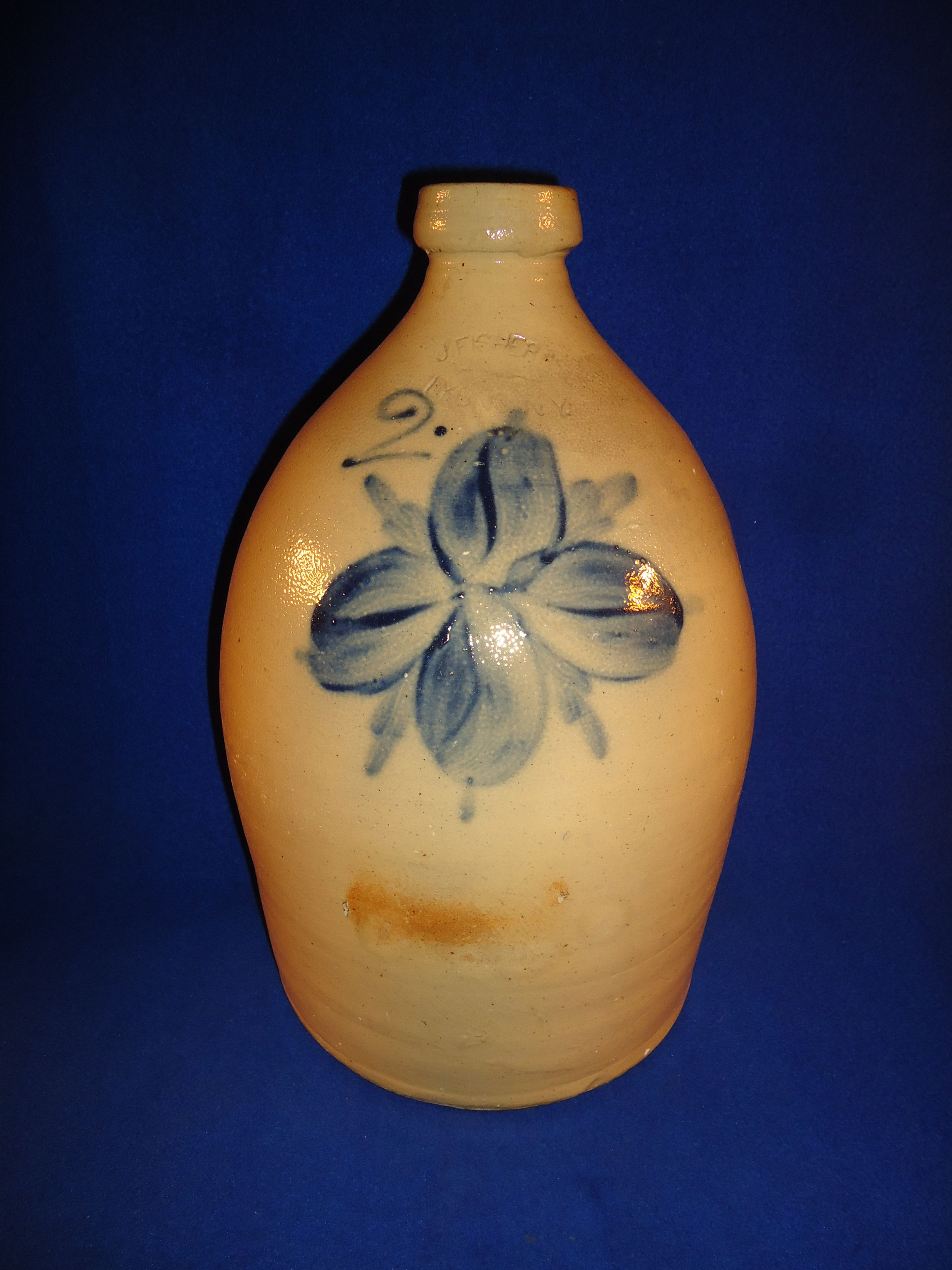 Jacob Fisher, Lyons, New York 2g Stoneware Jug with "Floral Burst" #11861