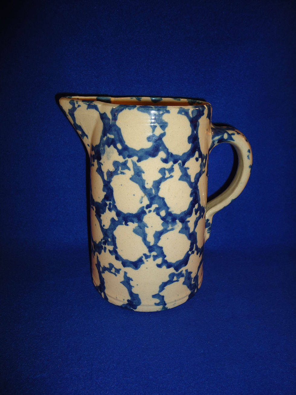 Blue and White Spongeware Stoneware Pitcher, Chainlink Pattern 7233