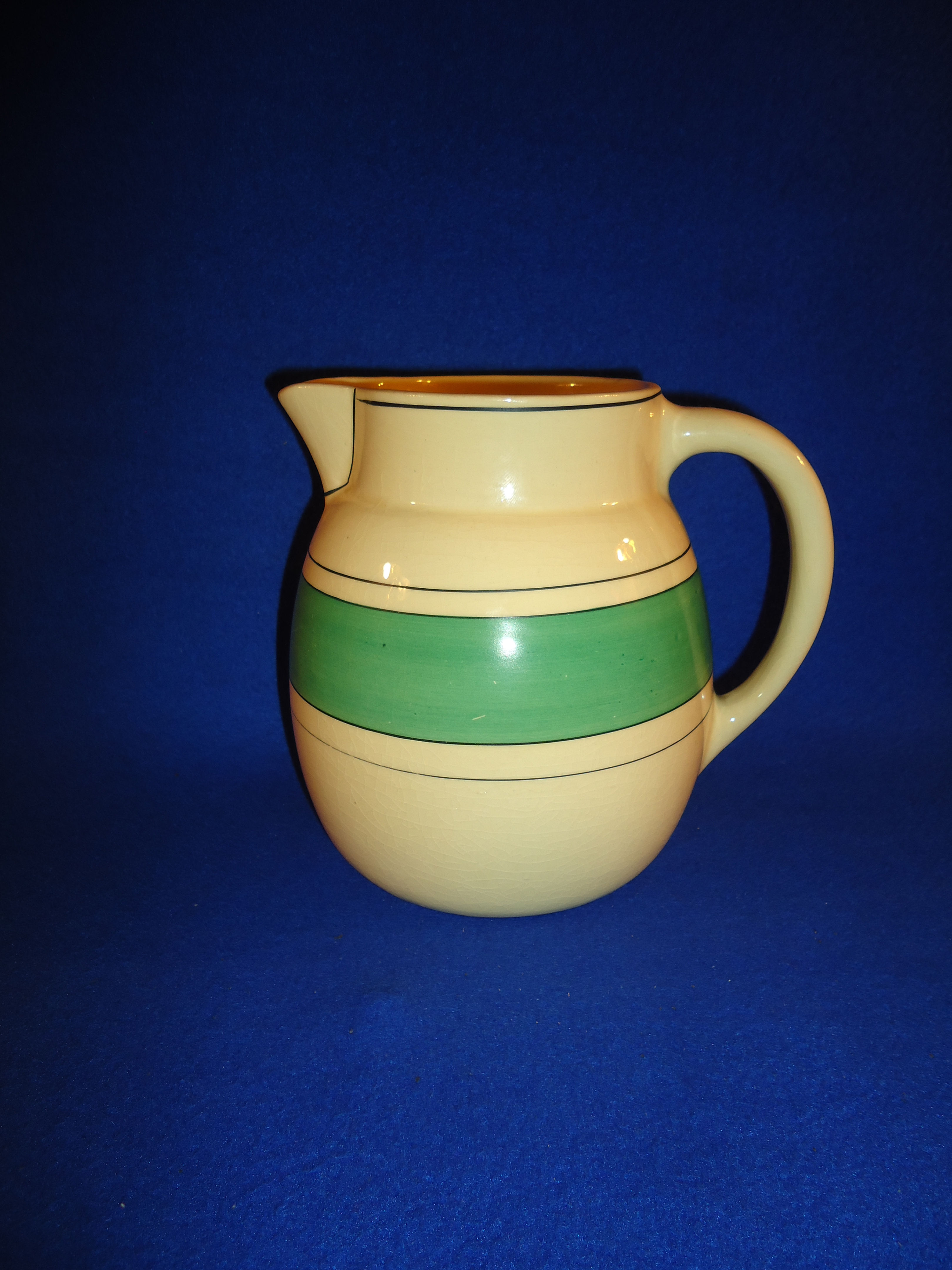 Roseville Pottery, Roseville, Ohio Creamware Pitcher, Green Stripe #5453