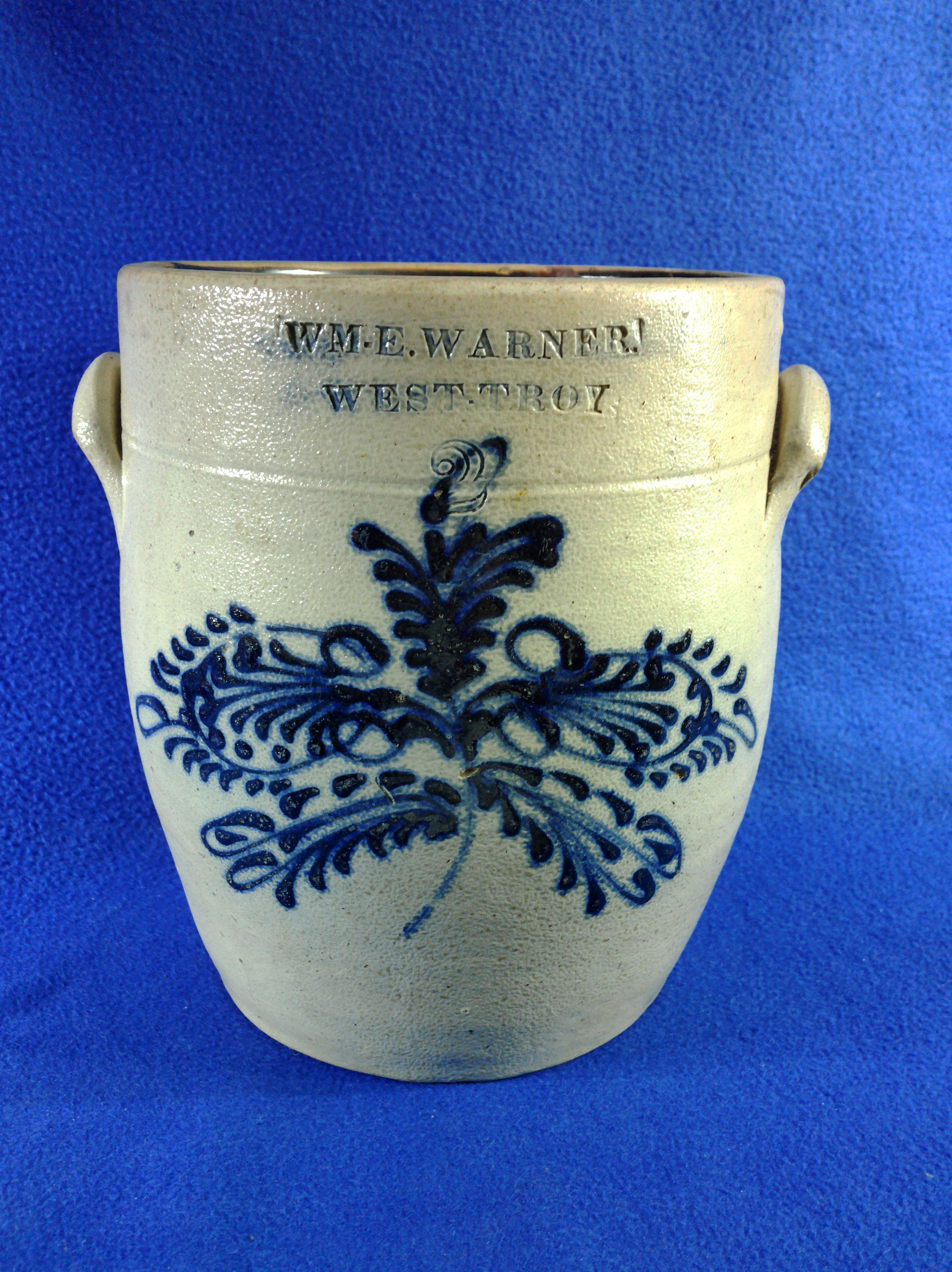 Wm. E. Warner, West Troy, New York Stoneware 2g Pot with Folky Floral #12709