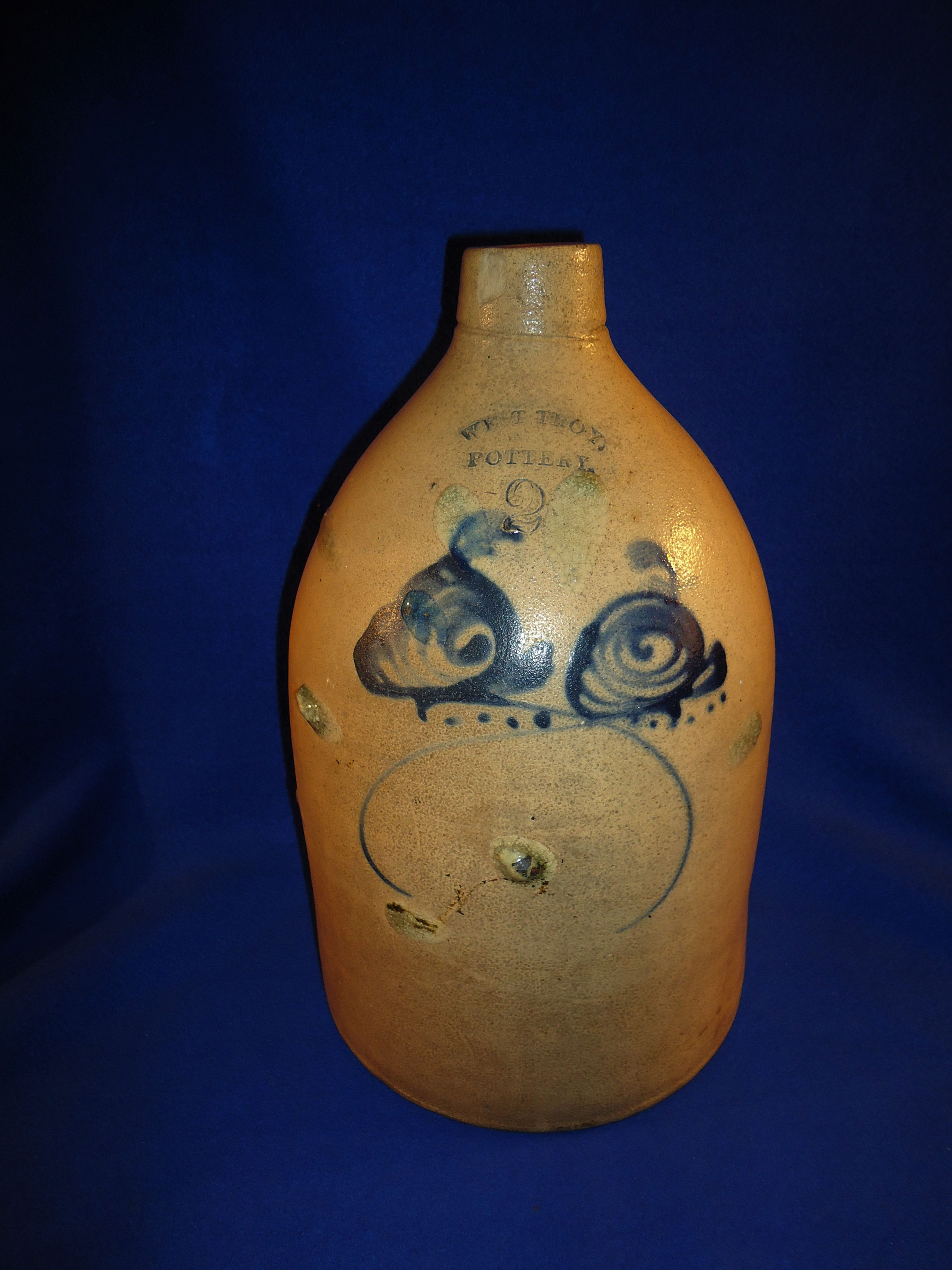West Troy Pottery 2 Gallon Jug with "Two Eyes," #4809