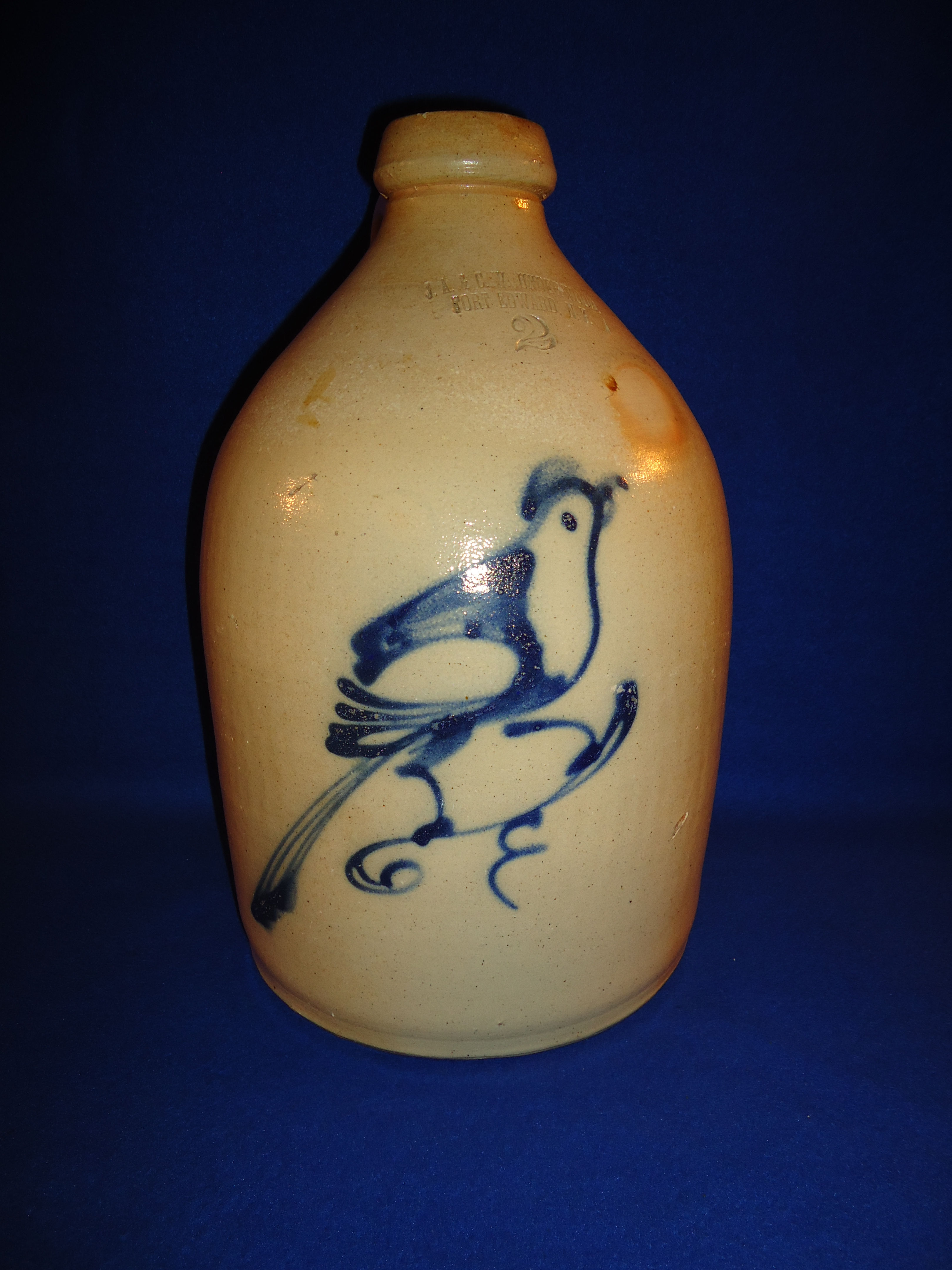 Underwood, Fort Edward, New York 2 Gallon Stone Jug, Large Bird on Branch #5994