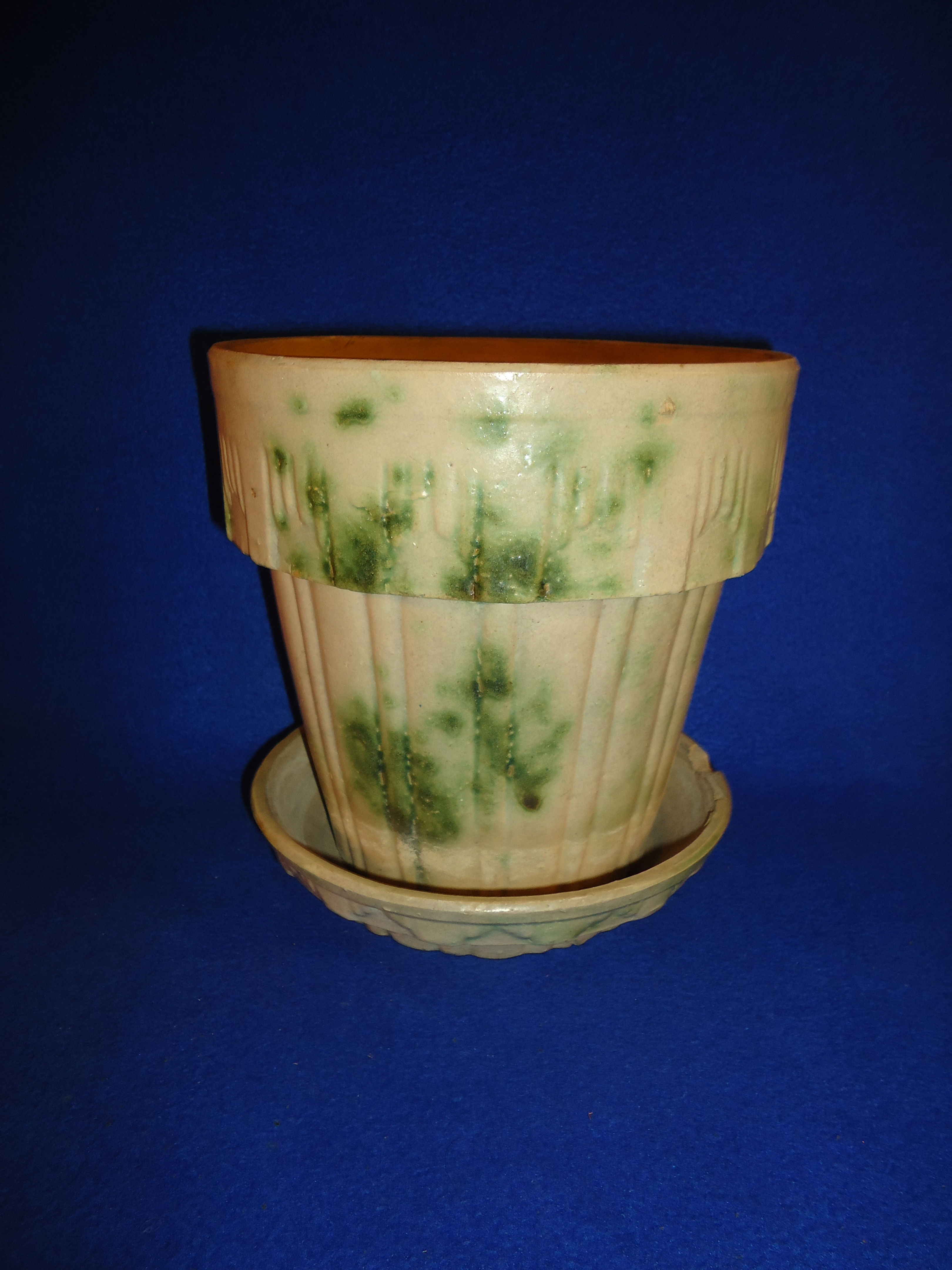 Houghton Pottery, Dalton, Ohio Stoneware Green Spongeware Flower Pot #3713
