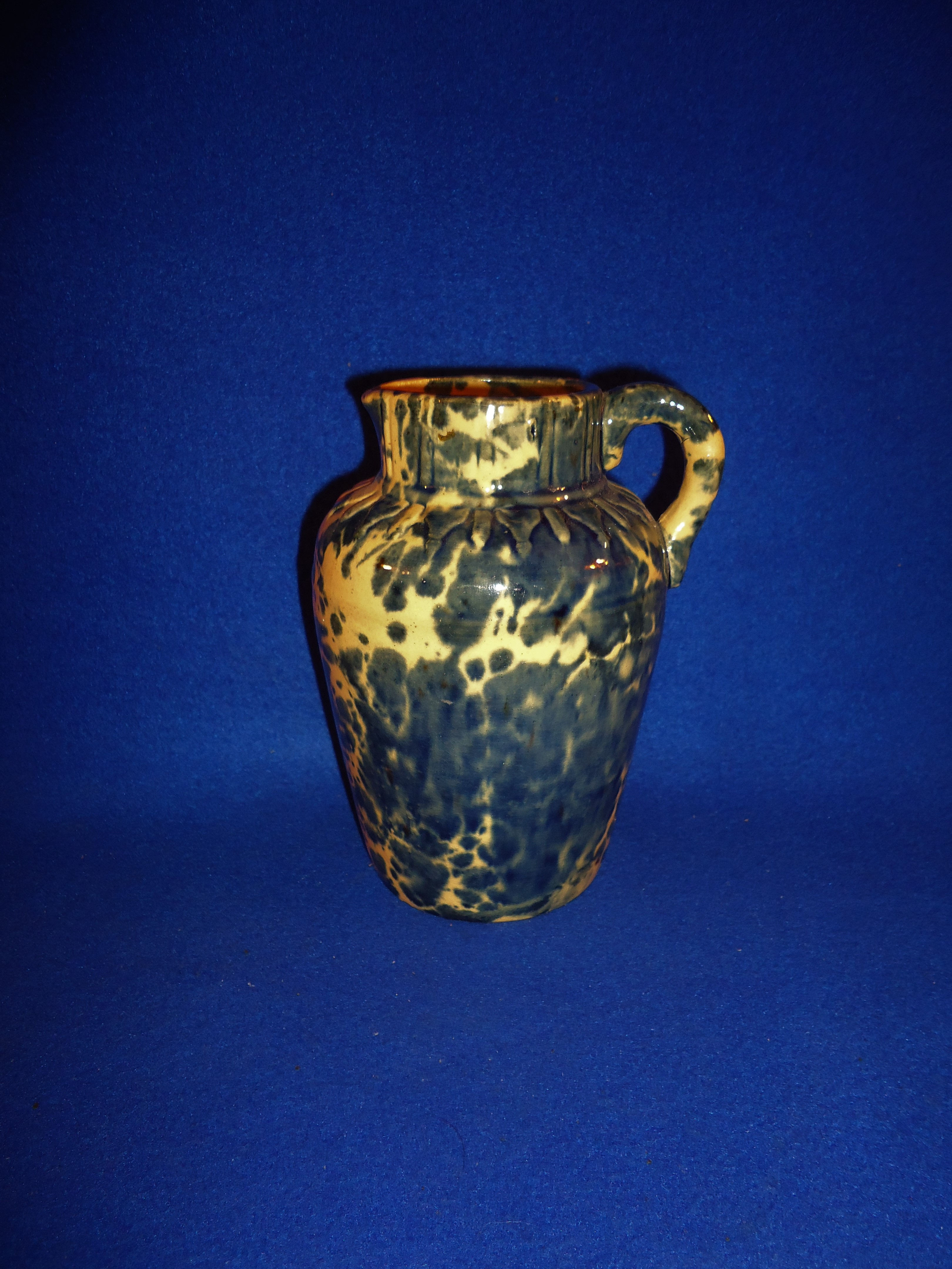 Yellow Ware Syrup Jug with Flow Blue Sponging, att. Weeks of Akron, Ohio #5217