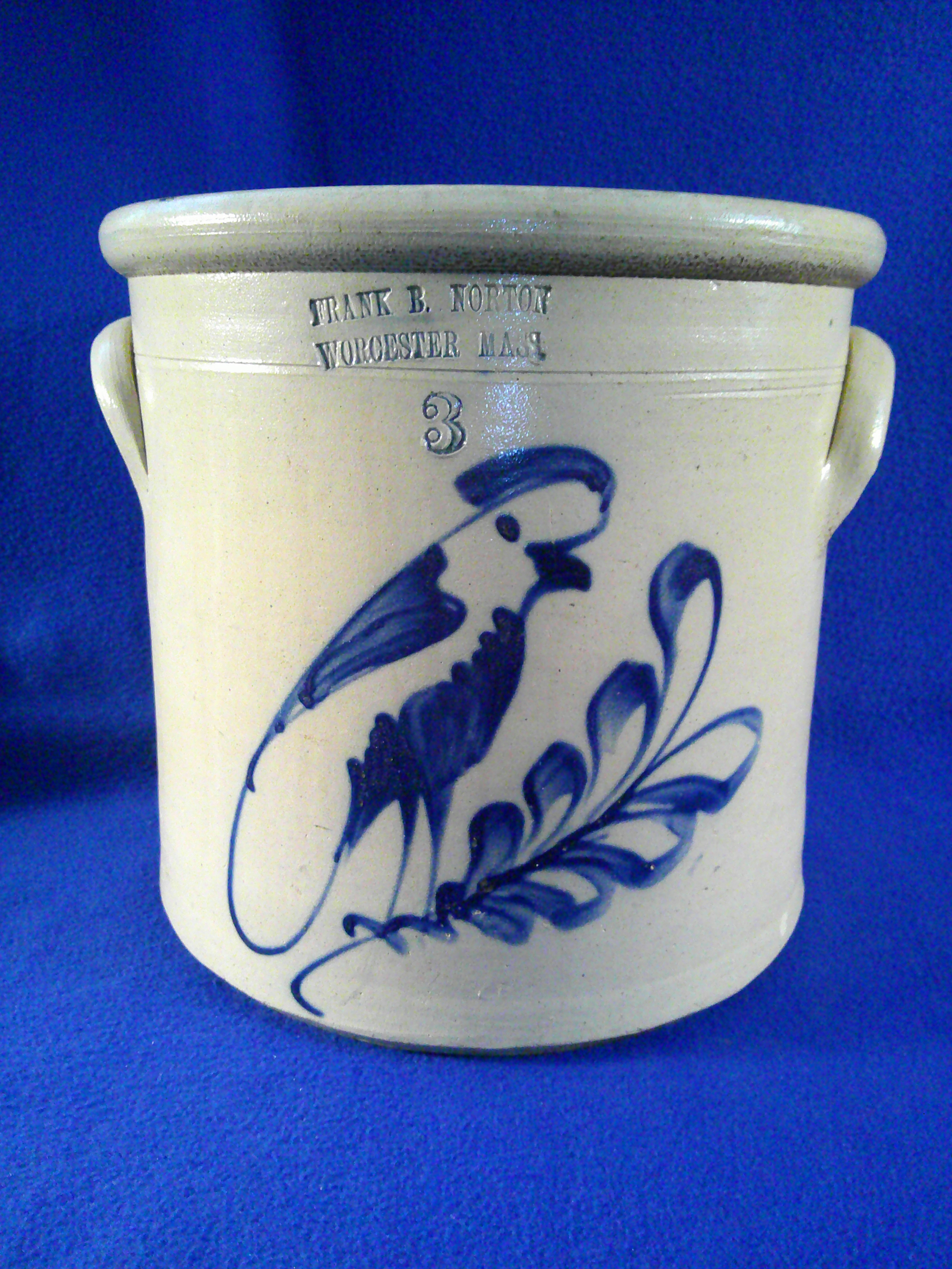 F. B. Norton, Worcester, Massachusetts, Stoneware 3g Crock with Parrot #12038