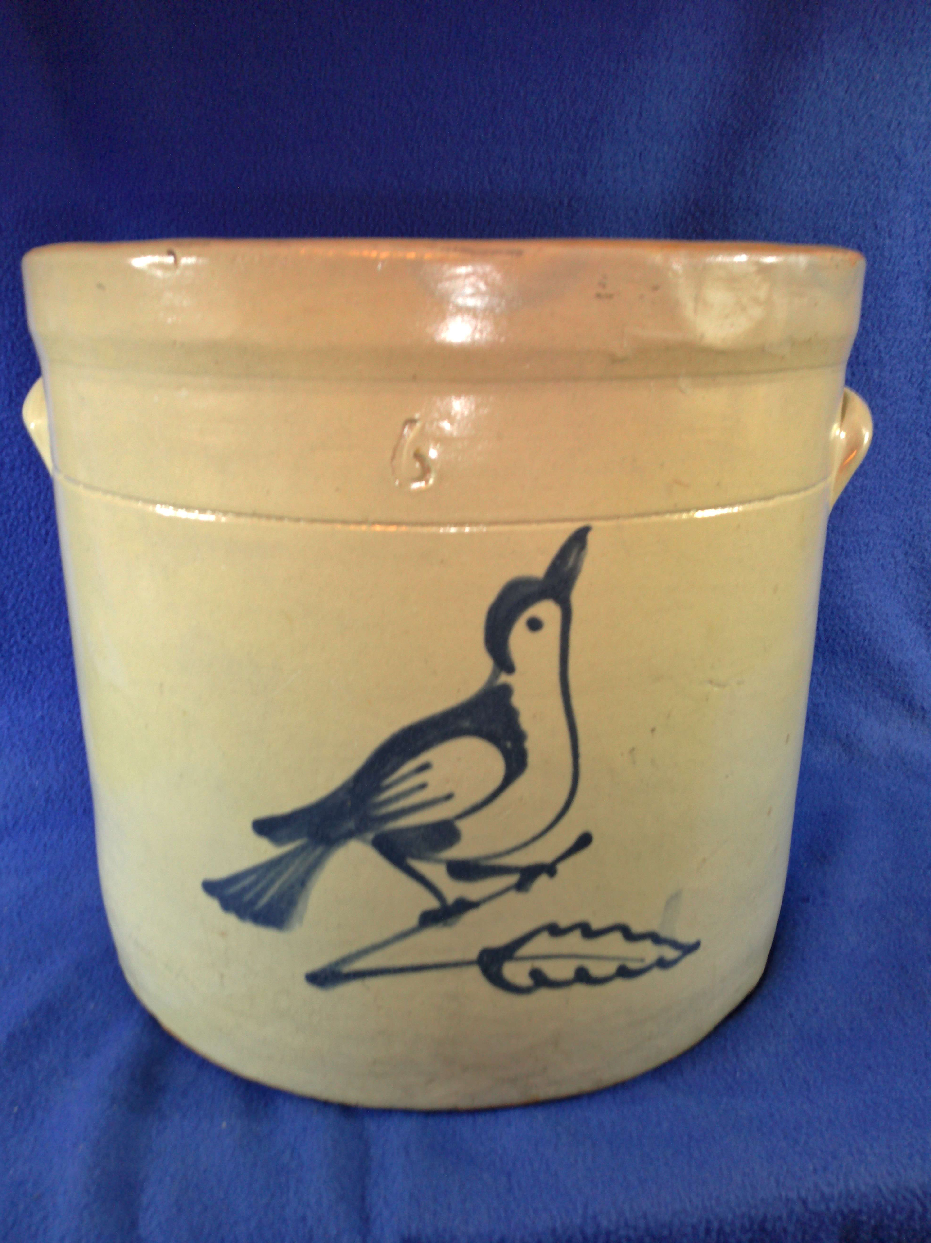 6 Gallon Stoneware Crock with Bird, att. Fulper, Flemington, New Jersey #13128