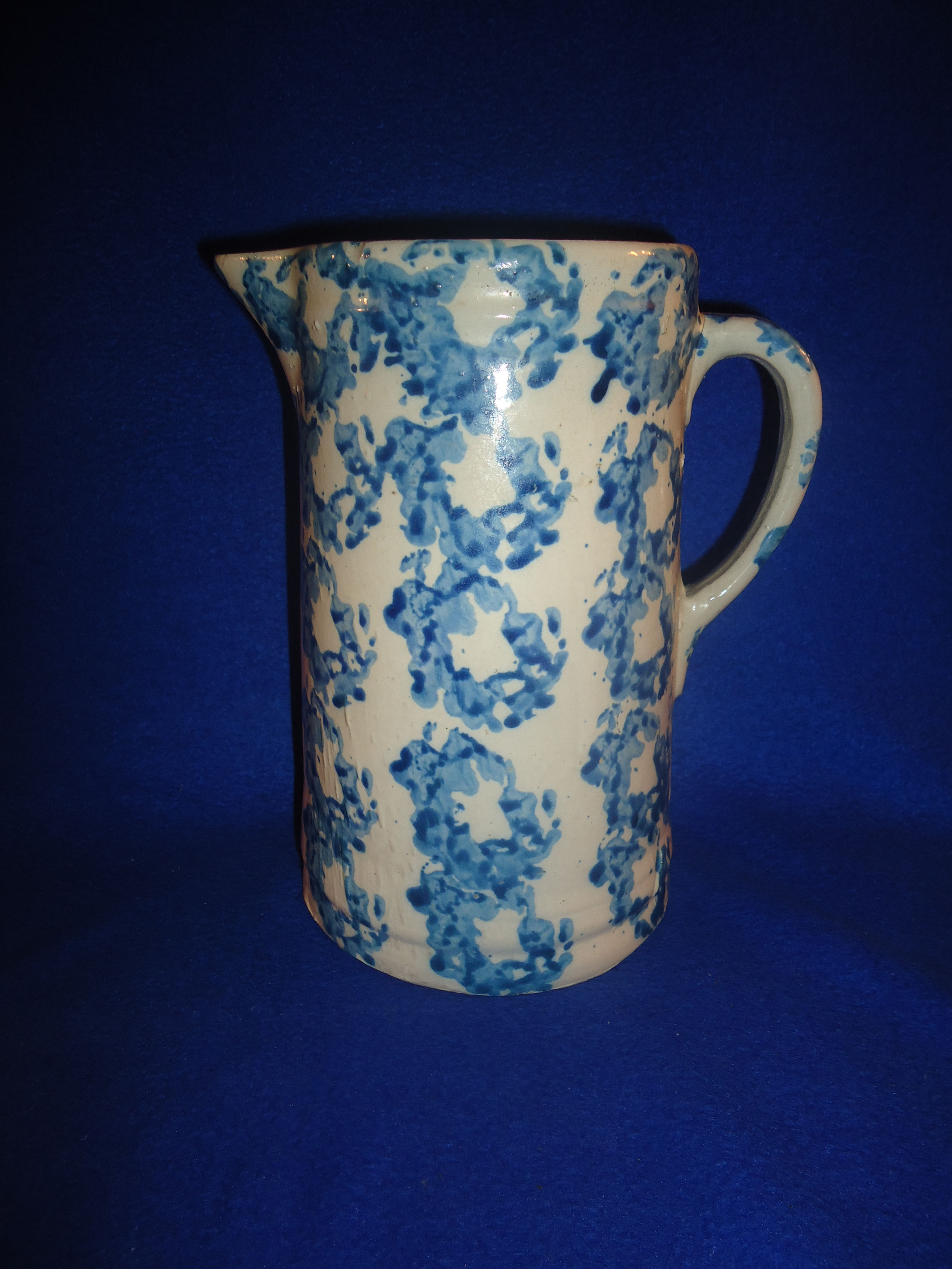Blue and White Stoneware Spongeware Pitcher, Smoke Ring Pattern#9140