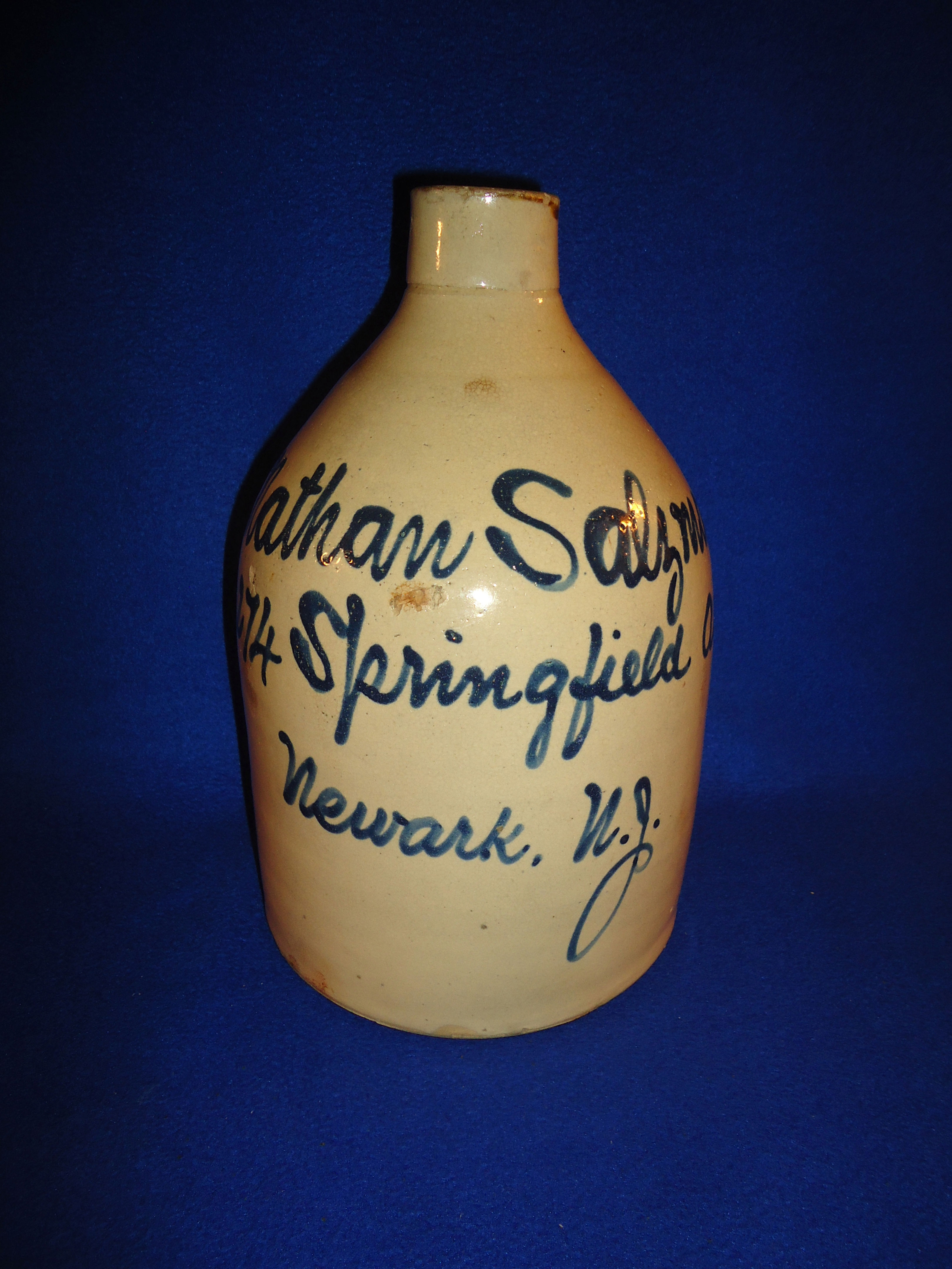 Nathan Salzman, Newark, New Jersey Stoneware Script Jug, Fulper #8579