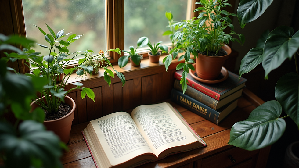 High angle view of a cozy reading nook adorned with plants and books