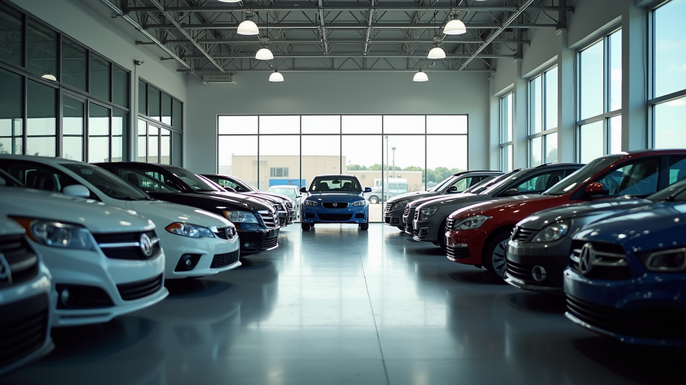 Wide angle view of a used car dealership filled with various cars