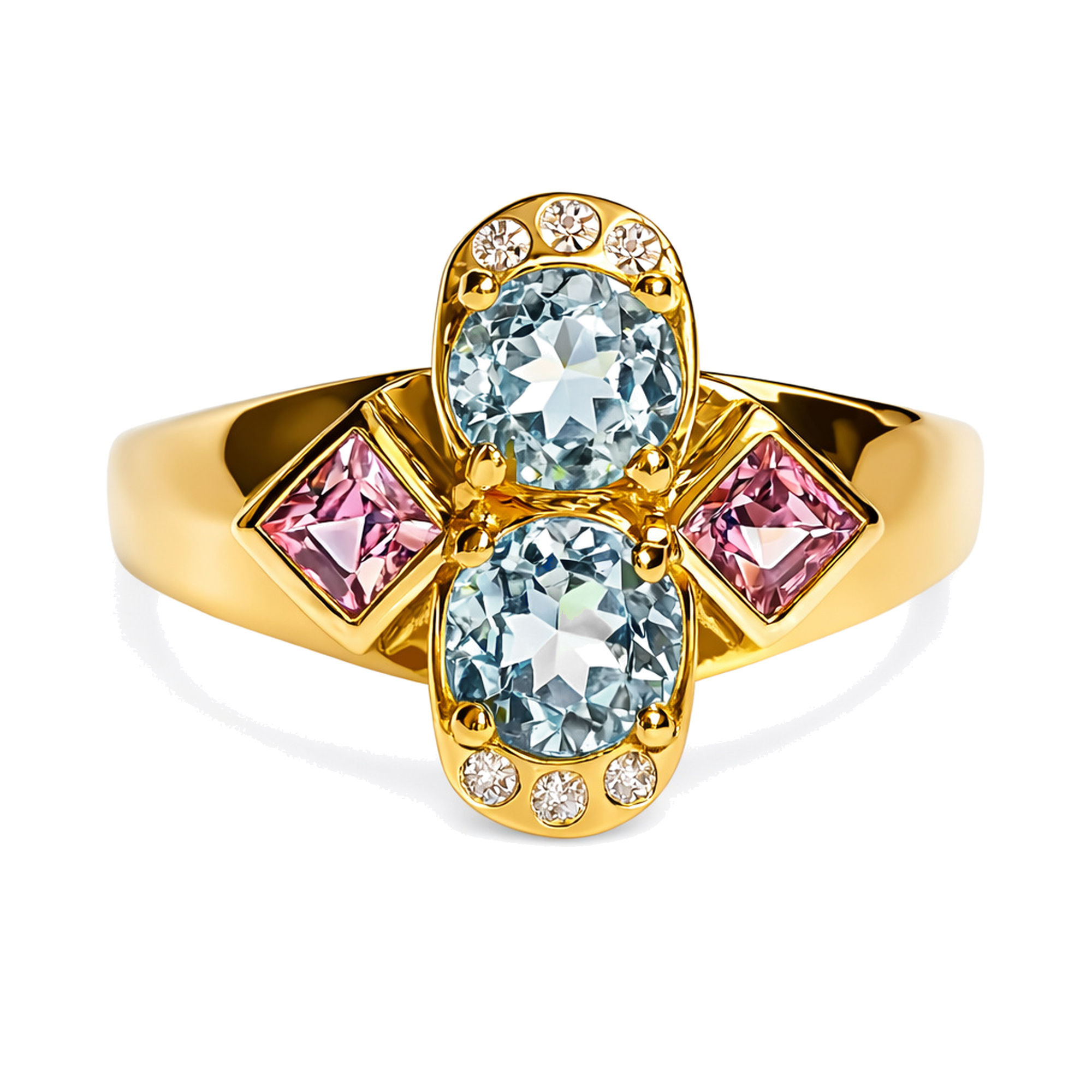Ring mit Aquamarinen , rosa Turmalinen und Brillianten in 750 Rosegold
