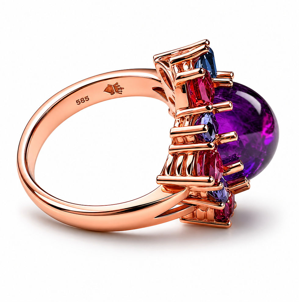 Miniaturbild: Cocktail Ring aus 585 Rosegold mit einem Amethyst, Tansanit und rosa Turmalin